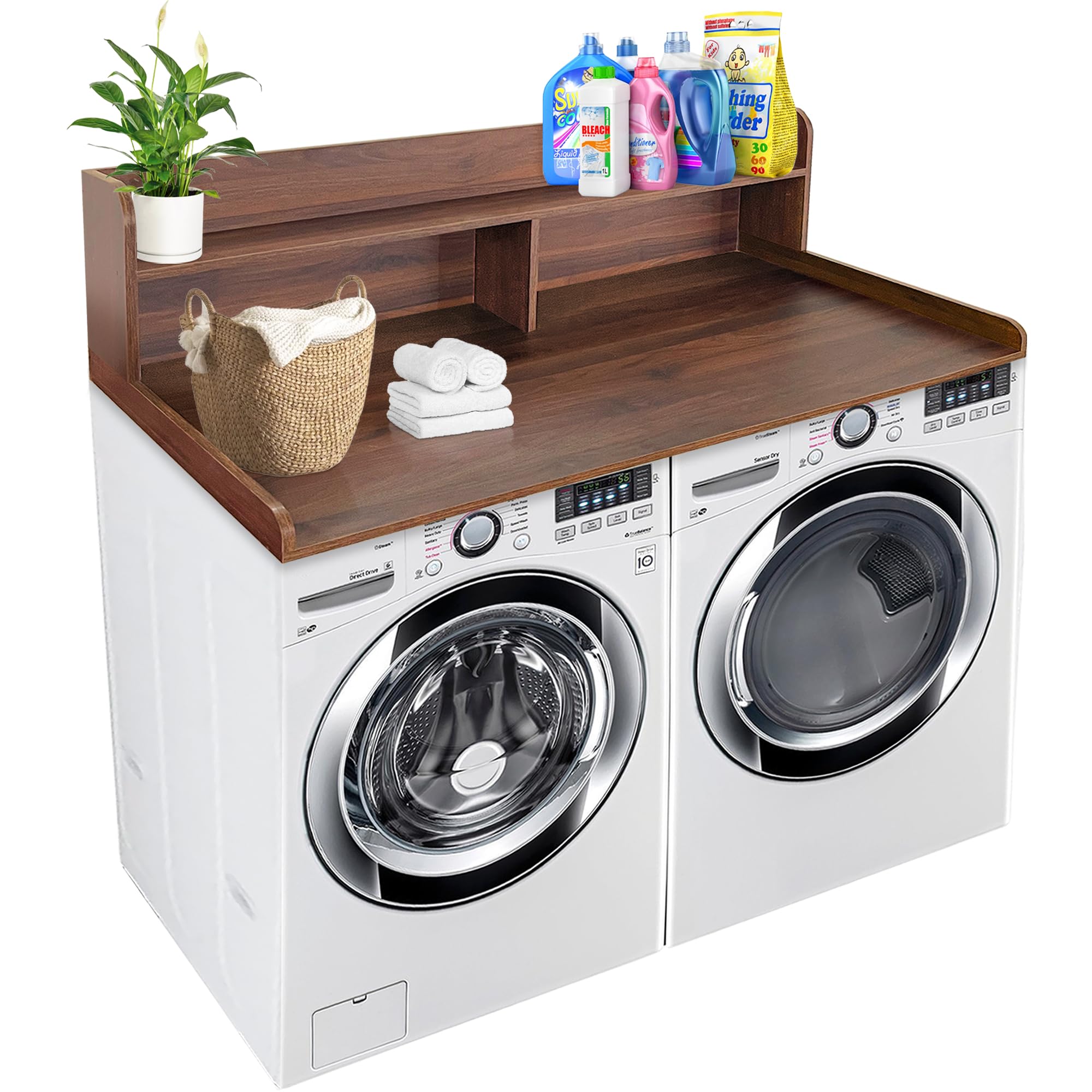 Royxen Laundry Countertop with Storage Universal Fit, Washer and Dryer Countertop with Shelf, Laundry Room Storage, 2-Tier Shelf (Walnut)