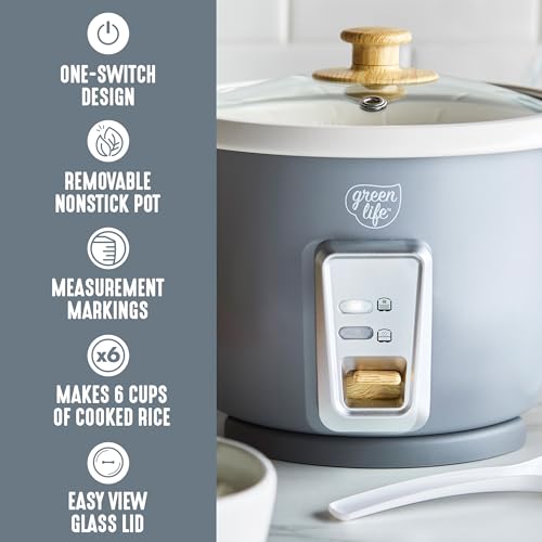 GreenLife Electric Rice Cooker, 3-Cups Uncooked/6-Cups Cooked, Removable PFAS-Free Nonstick Pot, One-Switch Design, Auto Keep Warm, Small Space Saving, Rice Paddle, Soup, Grains, Oatmeal, 1.5 QT, Grey