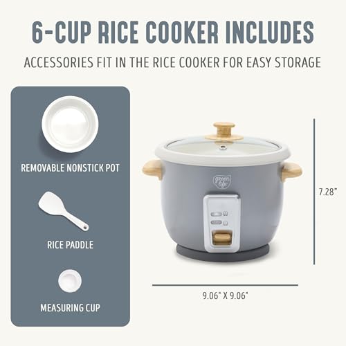 GreenLife Electric Rice Cooker, 3-Cups Uncooked/6-Cups Cooked, Removable PFAS-Free Nonstick Pot, One-Switch Design, Auto Keep Warm, Small Space Saving, Rice Paddle, Soup, Grains, Oatmeal, 1.5 QT, Grey