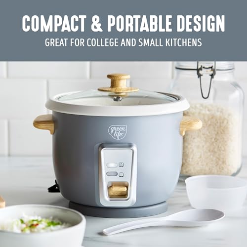 GreenLife Electric Rice Cooker, 3-Cups Uncooked/6-Cups Cooked, Removable PFAS-Free Nonstick Pot, One-Switch Design, Auto Keep Warm, Small Space Saving, Rice Paddle, Soup, Grains, Oatmeal, 1.5 QT, Grey