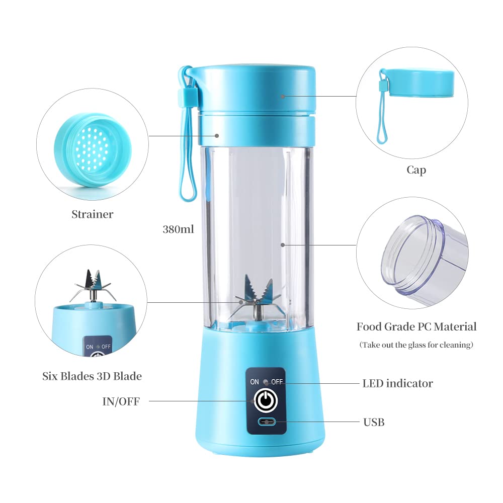 Portable Electric USB Juicer Blender Cup - Mini Blender for Shakes, Smoothies & Juice - 380ml, Six Blades - Blue