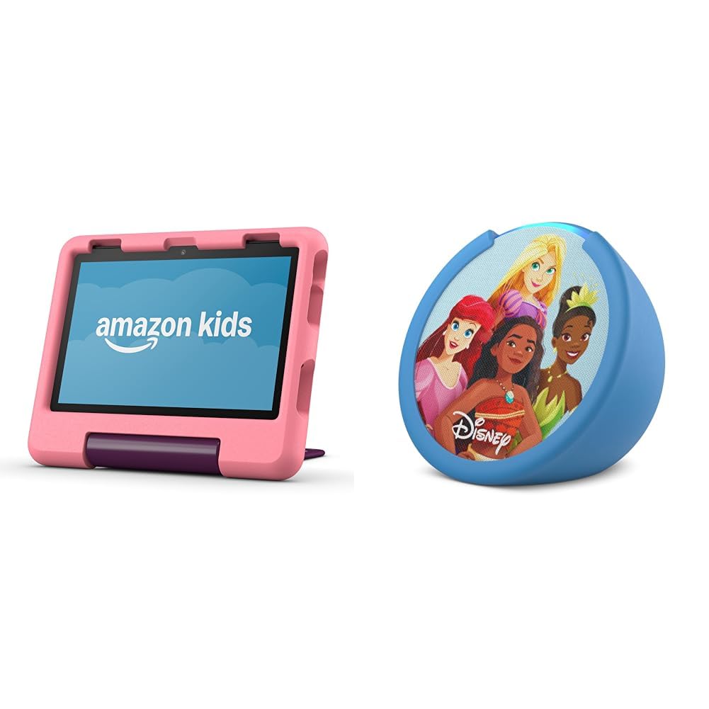 Amazon Kids Entertainment Device Bundle Including Fire HD 8 Kids Tablet (32GB, Disney Princess) + Echo Pop Kids (Disney Princess)
