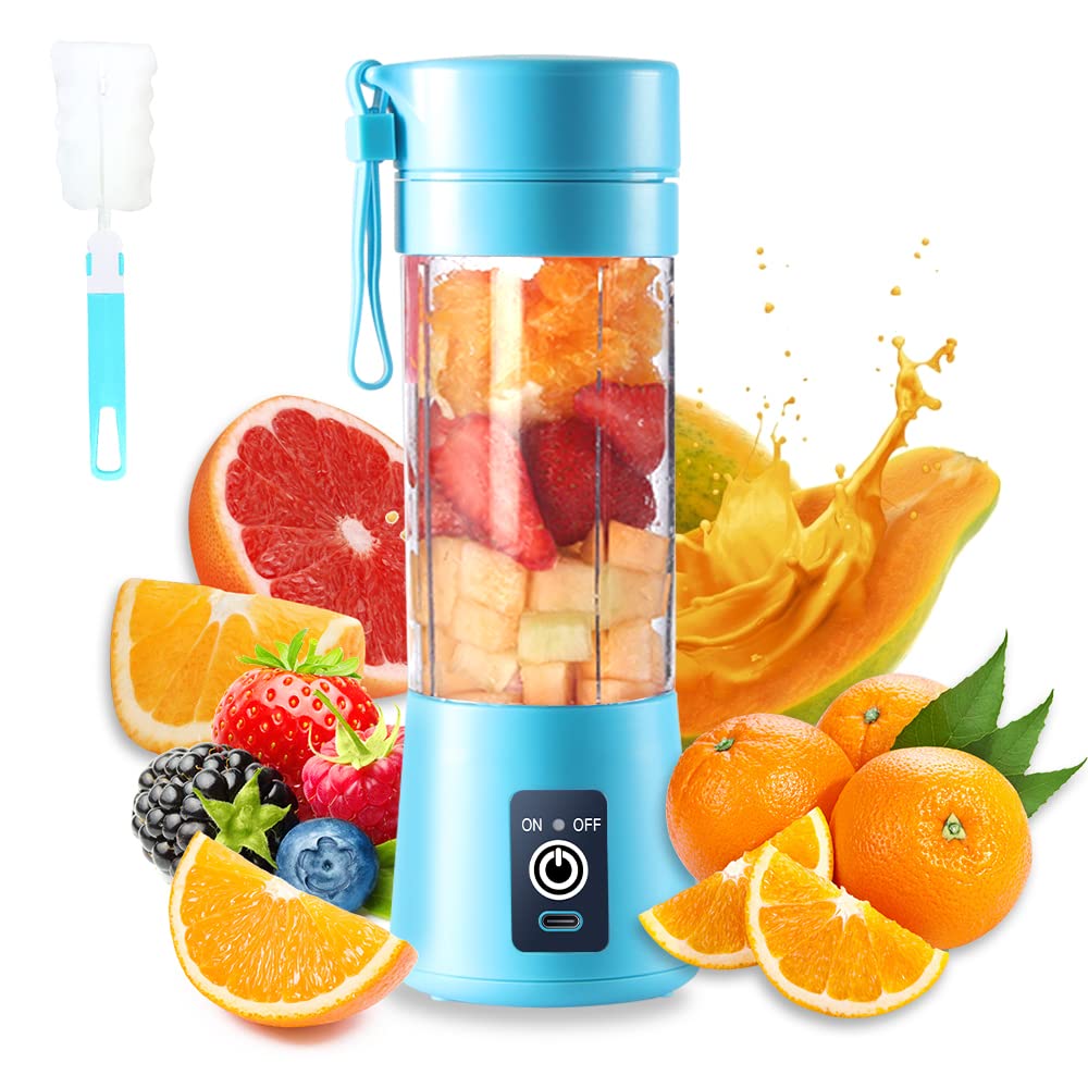 Portable Electric USB Juicer Blender Cup - Mini Blender for Shakes, Smoothies & Juice - 380ml, Six Blades - Blue