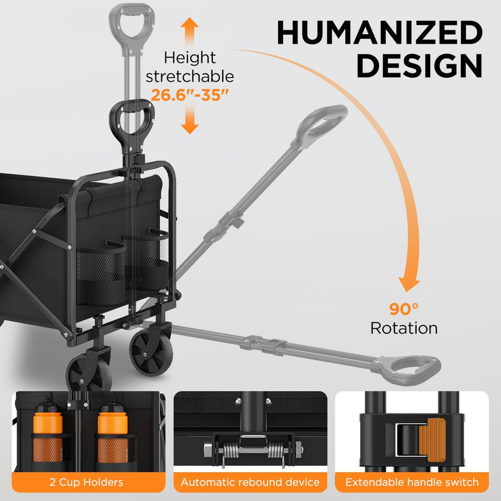 InBrave Collapsible Wagon Cart Foldable Beach Wagon with All-Terrain Wheels - 380 LBS Heavy Duty Grocery Cart for Shopping, Beach, Camping, Sports, Garden (Black)