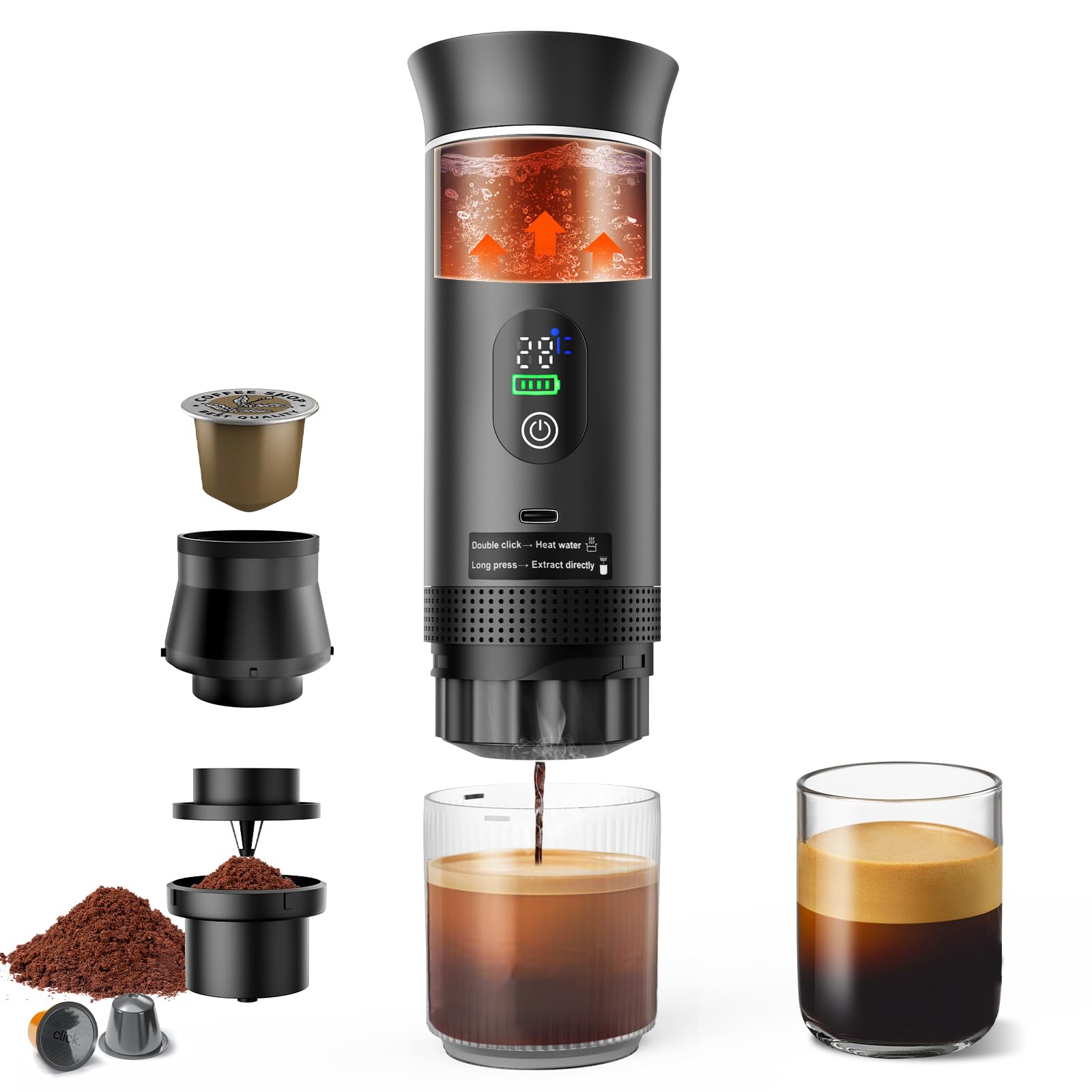 Zordin Portable Espresso Machine for Hiking Smart Display, 20 bar Mini Travel Coffee maker, Expresso Coffee Machines with USB-C,3-in-1 Car Coffee Maker Self-Heating, Ground Coffee & Capsule(Ns&DG)