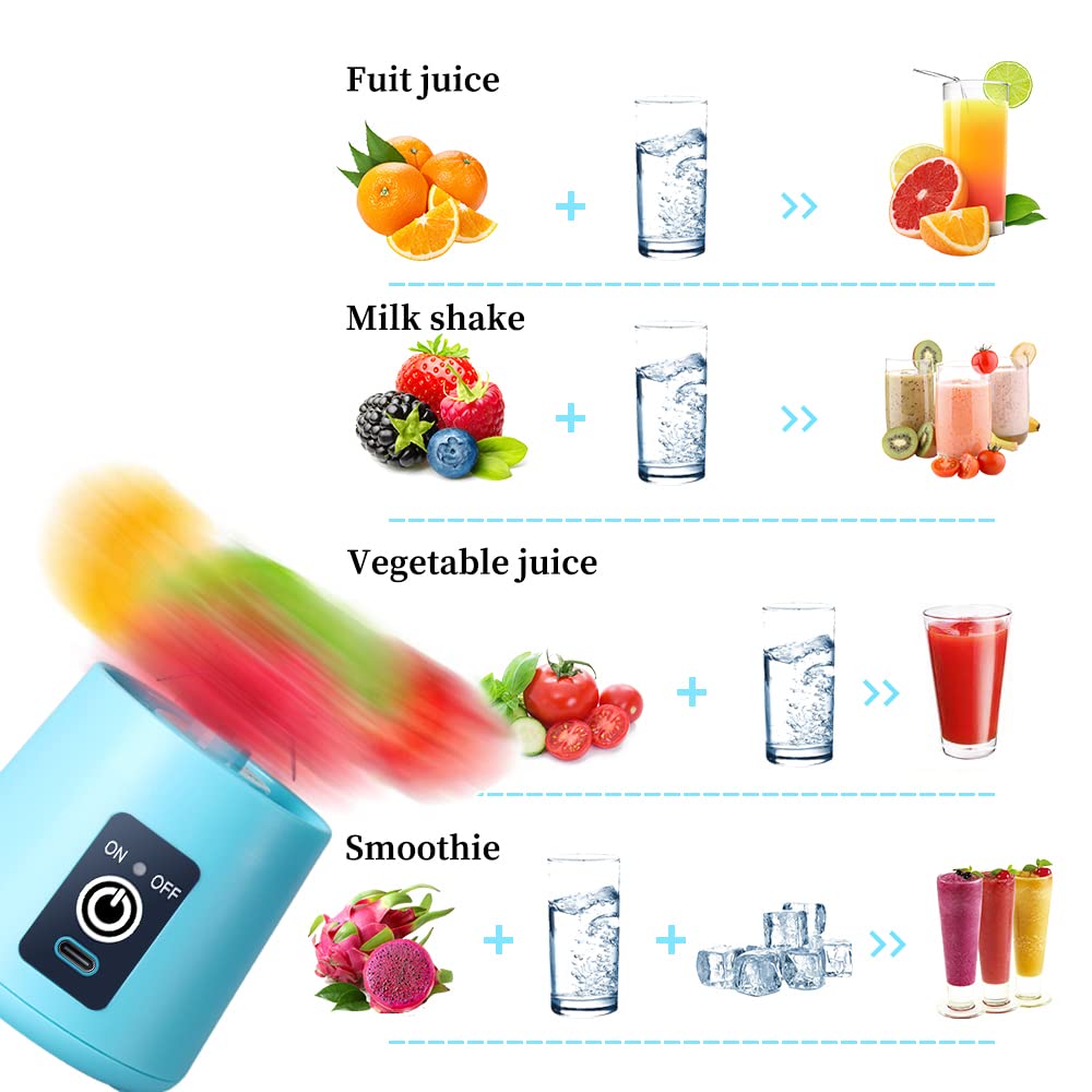 Portable Electric USB Juicer Blender Cup - Mini Blender for Shakes, Smoothies & Juice - 380ml, Six Blades - Blue