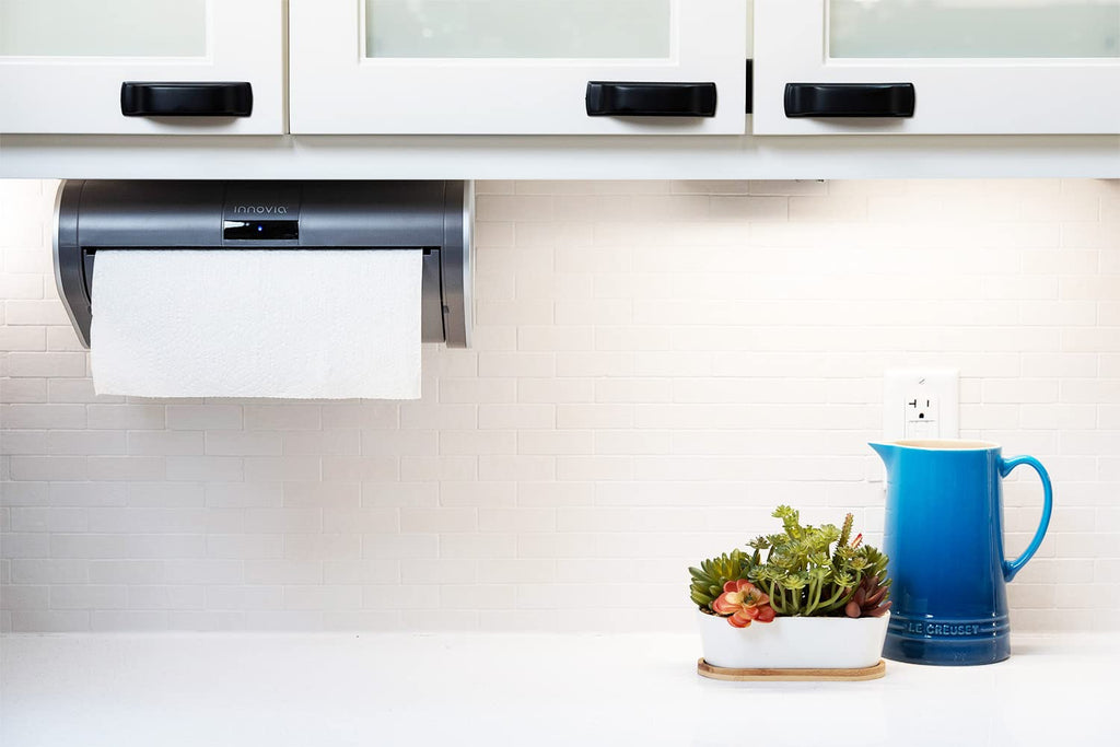 Innovia Automatic Paper Towel Dispenser. Touchless Technology. Works with Most Paper Towel Brands and Sizes. Dispenses The Number of Sheets You Need. Grey, Under Cabinet Mounted.