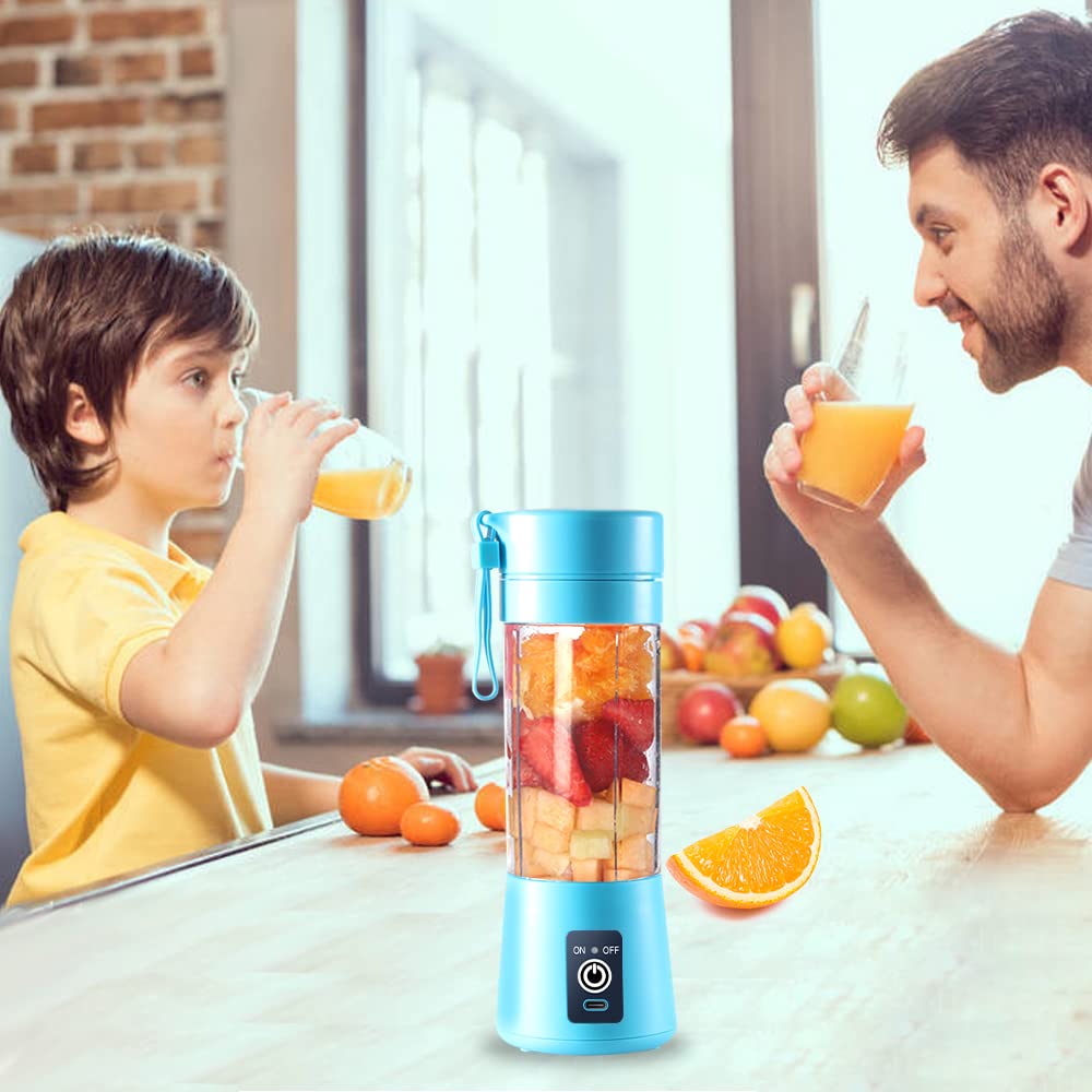 Portable Electric USB Juicer Blender Cup - Mini Blender for Shakes, Smoothies & Juice - 380ml, Six Blades - Blue
