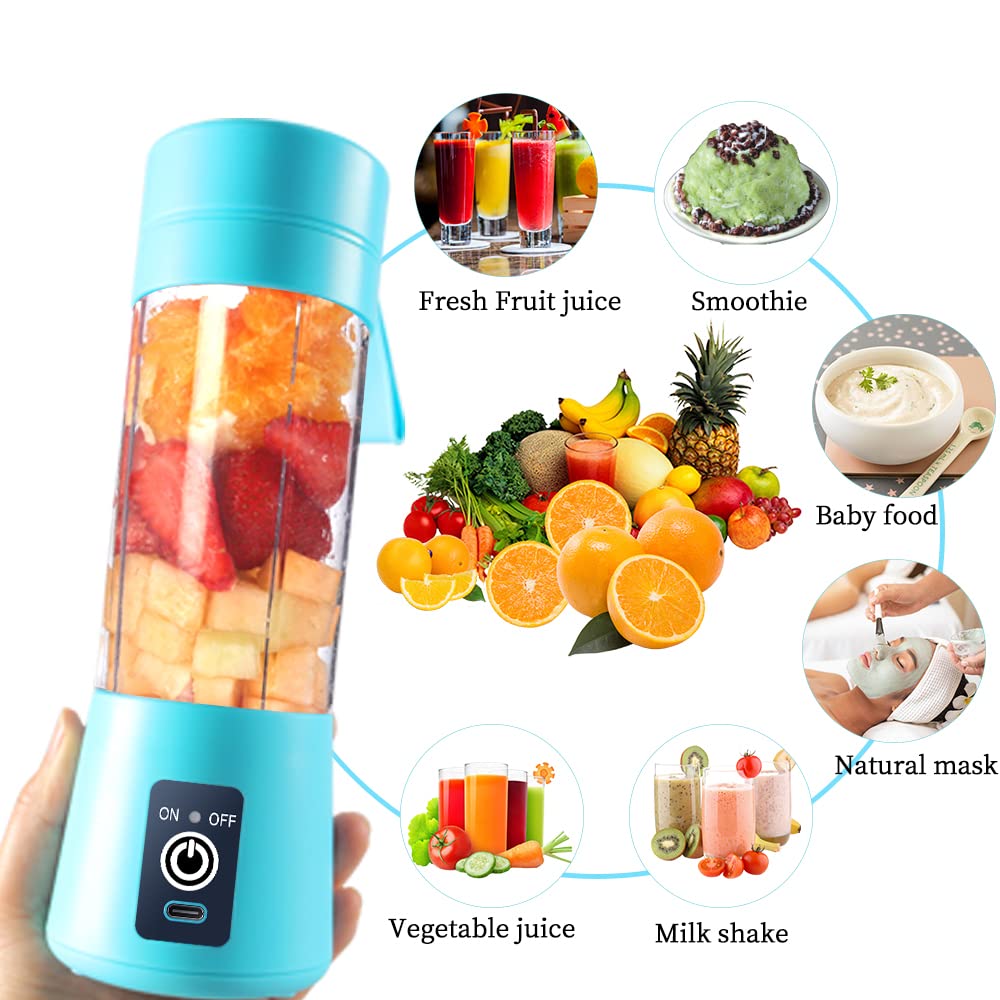 Portable Electric USB Juicer Blender Cup - Mini Blender for Shakes, Smoothies & Juice - 380ml, Six Blades - Blue