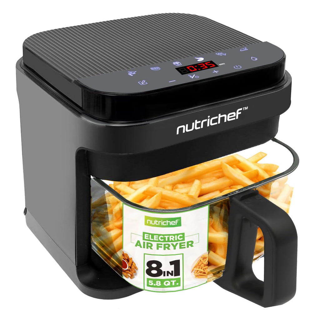 Nutrichef 5.8 Quart Air Fryer | 8-1 Preset Cook Modes | Transparent Fry Bowl for Best Cooking Results | Cook Shrimp, Steak, Fries, Wings, Chicken & More | Precise Temperature Control & Time | Grey