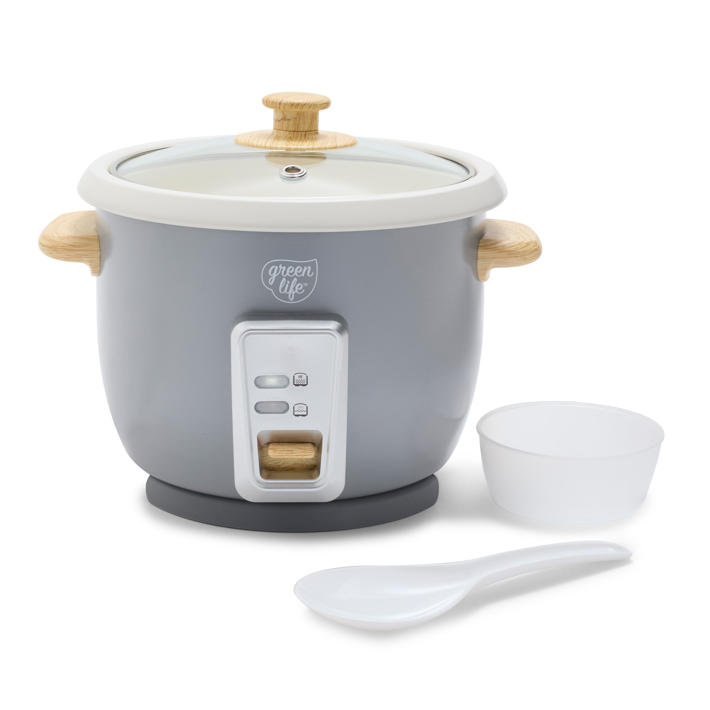 GreenLife Electric Rice Cooker, 3-Cups Uncooked/6-Cups Cooked, Removable PFAS-Free Nonstick Pot, One-Switch Design, Auto Keep Warm, Small Space Saving, Rice Paddle, Soup, Grains, Oatmeal, 1.5 QT, Grey