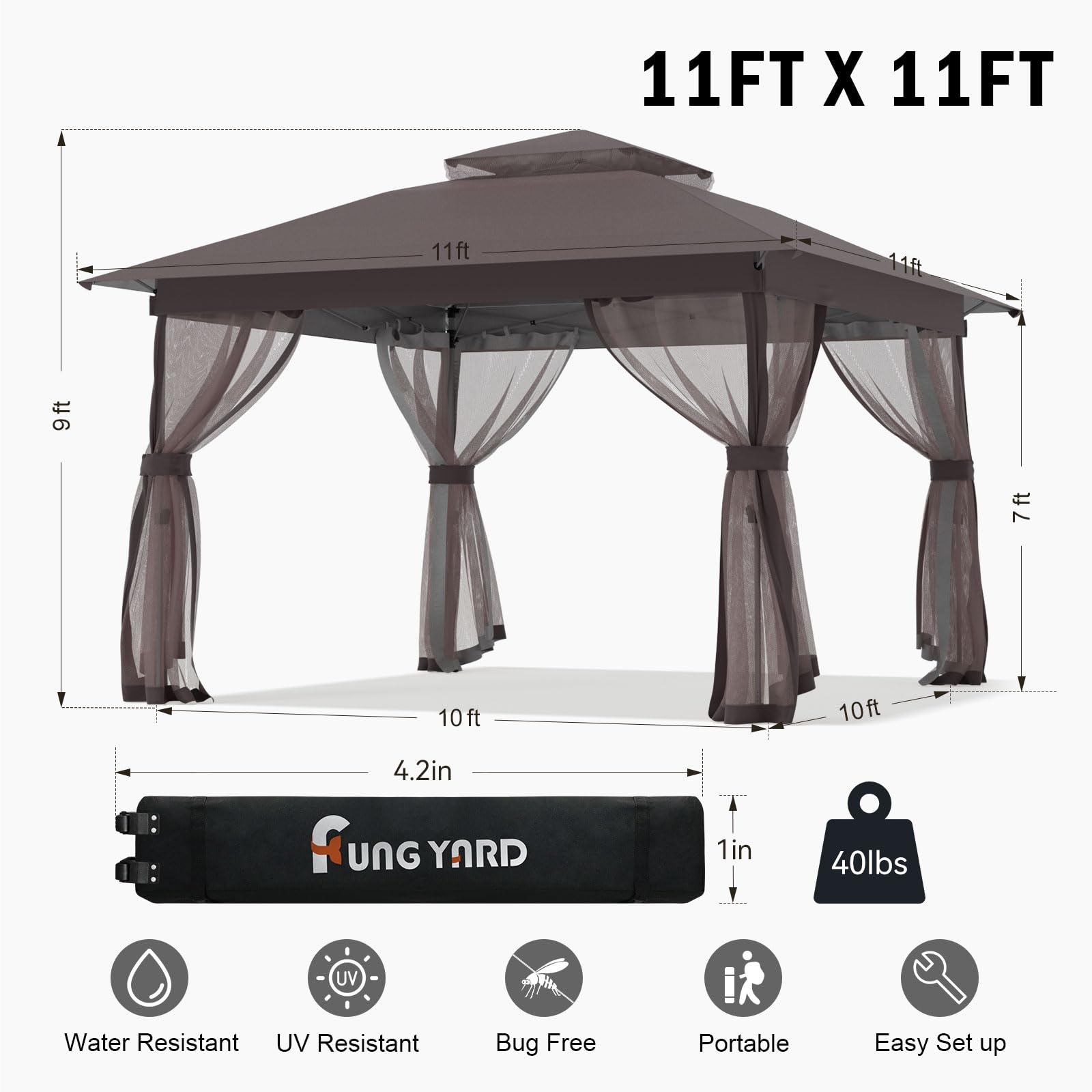 Pop Up Gazebo 11x11 - Outdoor Canopy Tent with Mosquito Netting & Wheeled Carry Bag, Double Roof Gazebos for Backyard Party Garden Wedding Camping (Brown, 11x11)