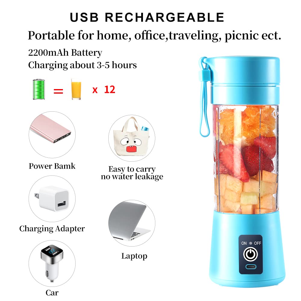 Portable Electric USB Juicer Blender Cup - Mini Blender for Shakes, Smoothies & Juice - 380ml, Six Blades - Blue