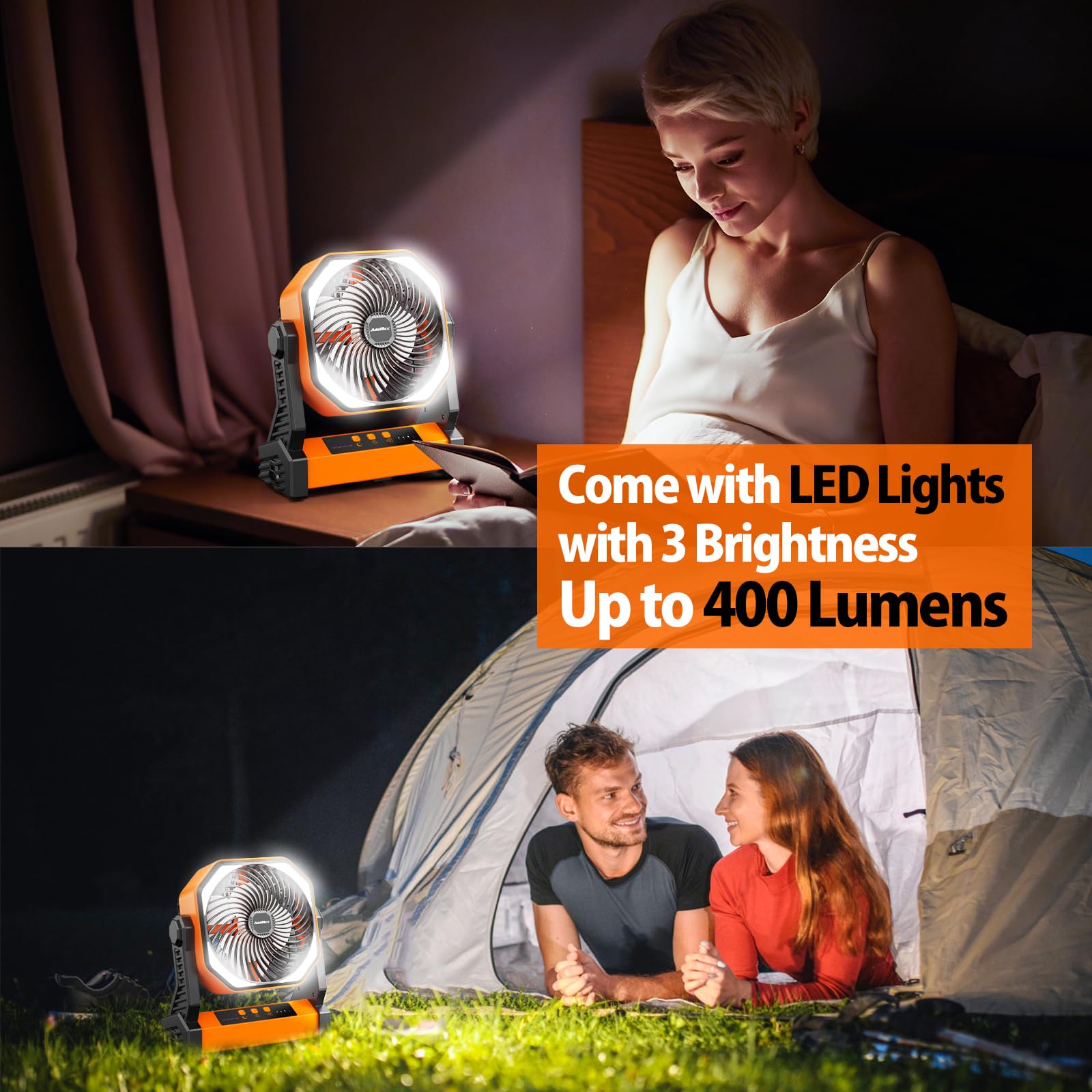 20000mAh Camping Fan, Rechargeable Battery Operated with 360° Rotatable Hook, 400 Lumes Light, 270° Pivot, 4 Speeds, 58Hrs Battery Powered Fan for Outdoor Tent Car Trip BBQ Hurricane Power Outages