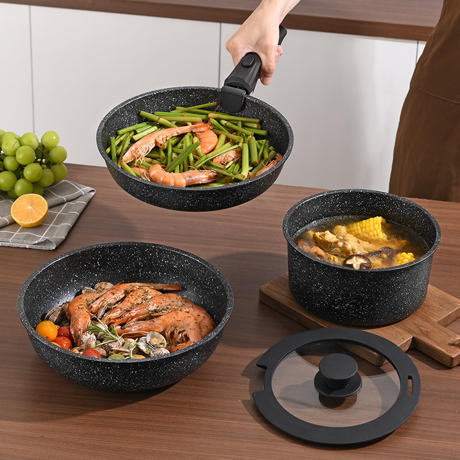 UMETRE Pots and Pans Set, Nonstick Detachable Handle Cookware Set, Induction Kitchen Cookware Set with Removable Handle, Healthy Non Stick Cookware, Dishwasher ＆ Oven Safe, PFOA Free