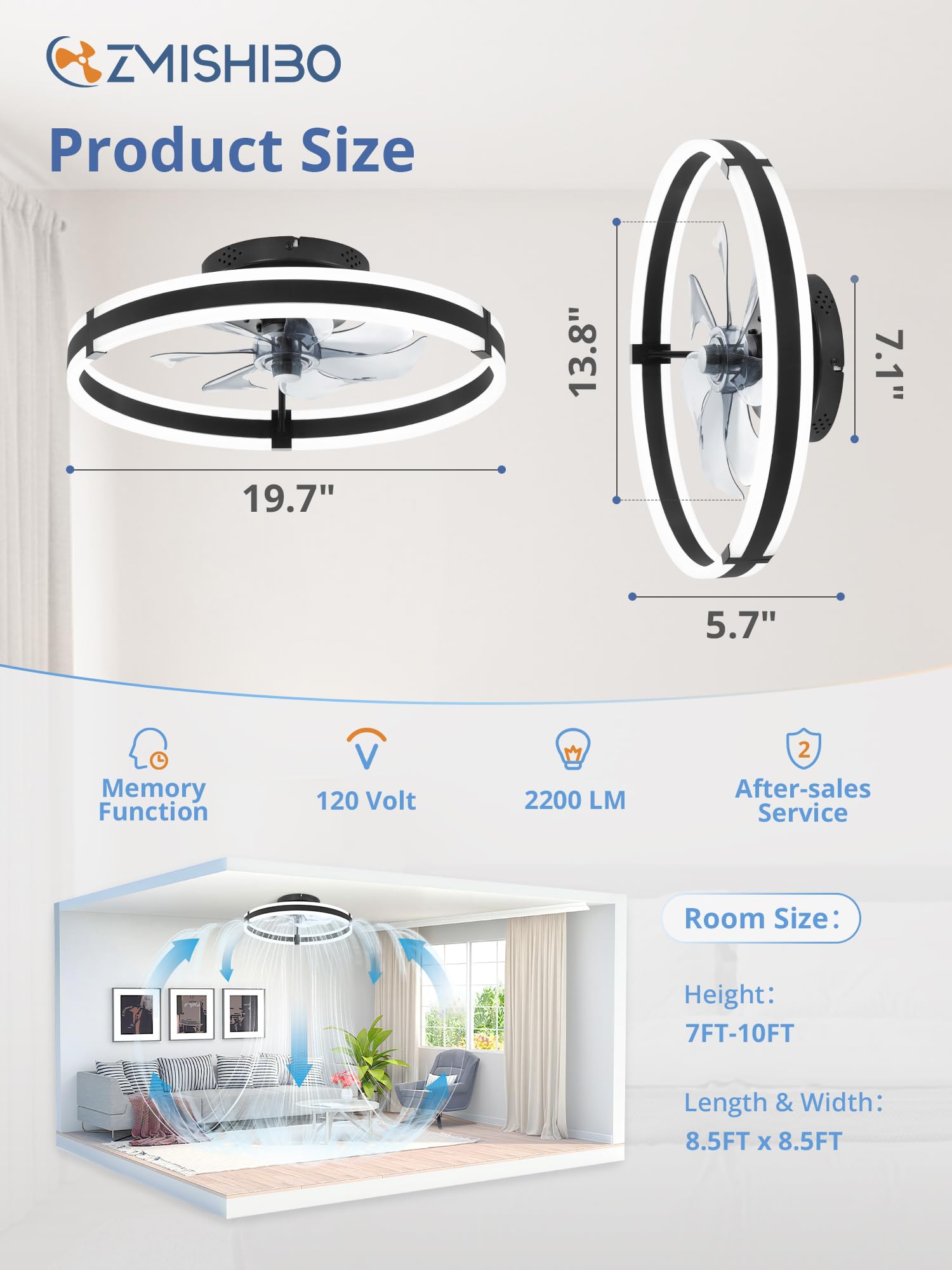 ZMISHIBO Ceiling Fans with Lights and Remote, 19.7'' Low Profile Ceiling Fan, 3000-6000K Dimmable Modern Flush Mount LED Fan Light, 6 Wind Speeds, Black Fandelier Ceiling Fans for Bedroom