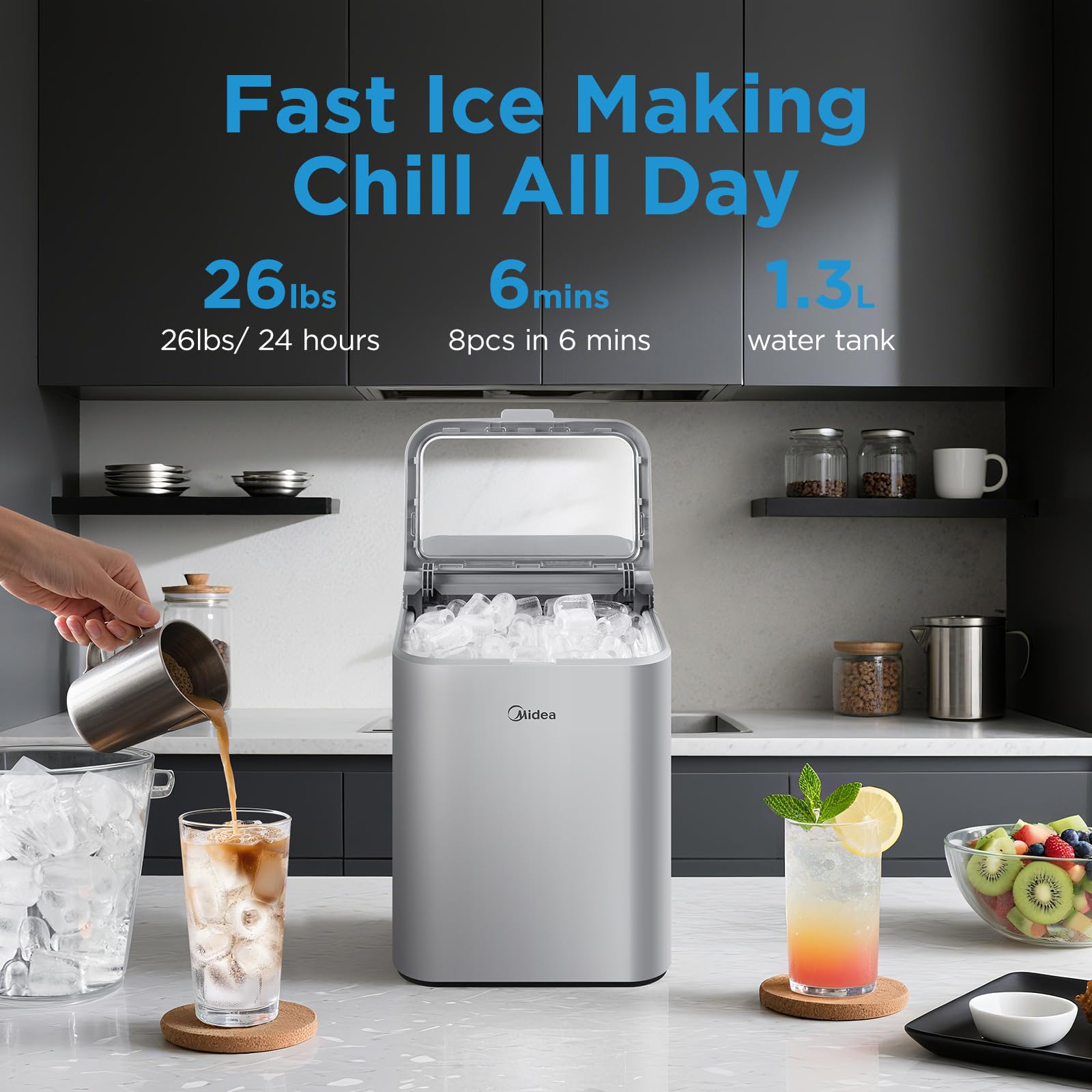 Midea MERI26B1AGY Ice Maker Countertop, 26lbs Portable Ice Maker, 8 Cubes Ready in 6 Mins, Self-Cleaning with Ice Basket and Scoop, 2 Sizes of Bullet Ice for Home, Camping, Office, Party