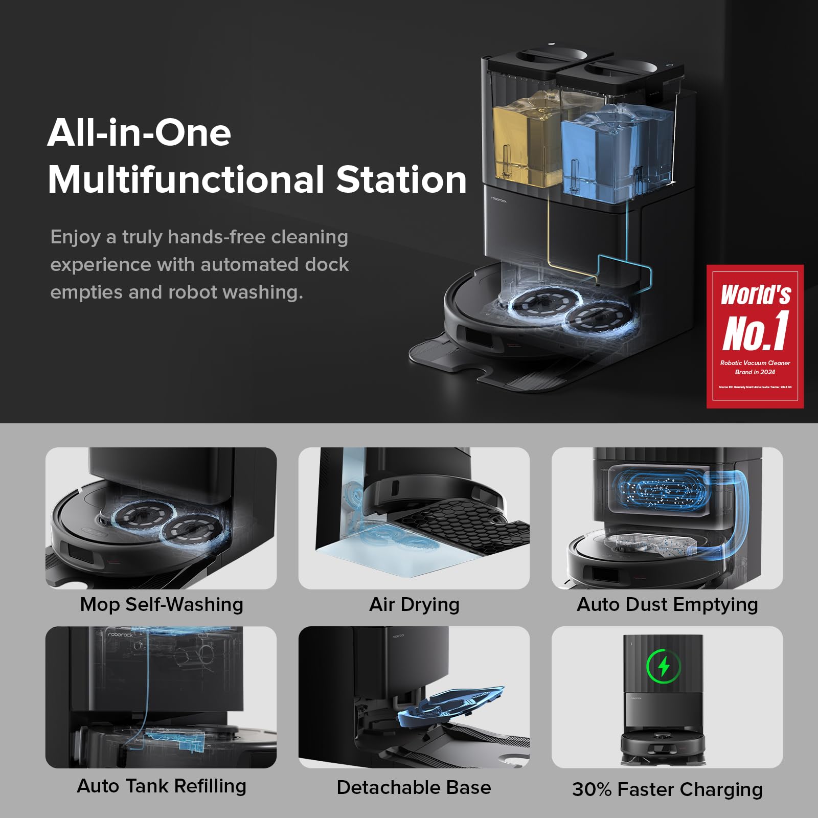 roborock Qrevo Series Robot Vacuum and Mop, 8000Pa Suction, Upgraded from Qrevo S, Anti-Tangle Brushes, Smart Obstacle Avoidance, Auto Mop Washing, All-in-One Dock, 200RPM Spinning Mops, Black(QV 35A)