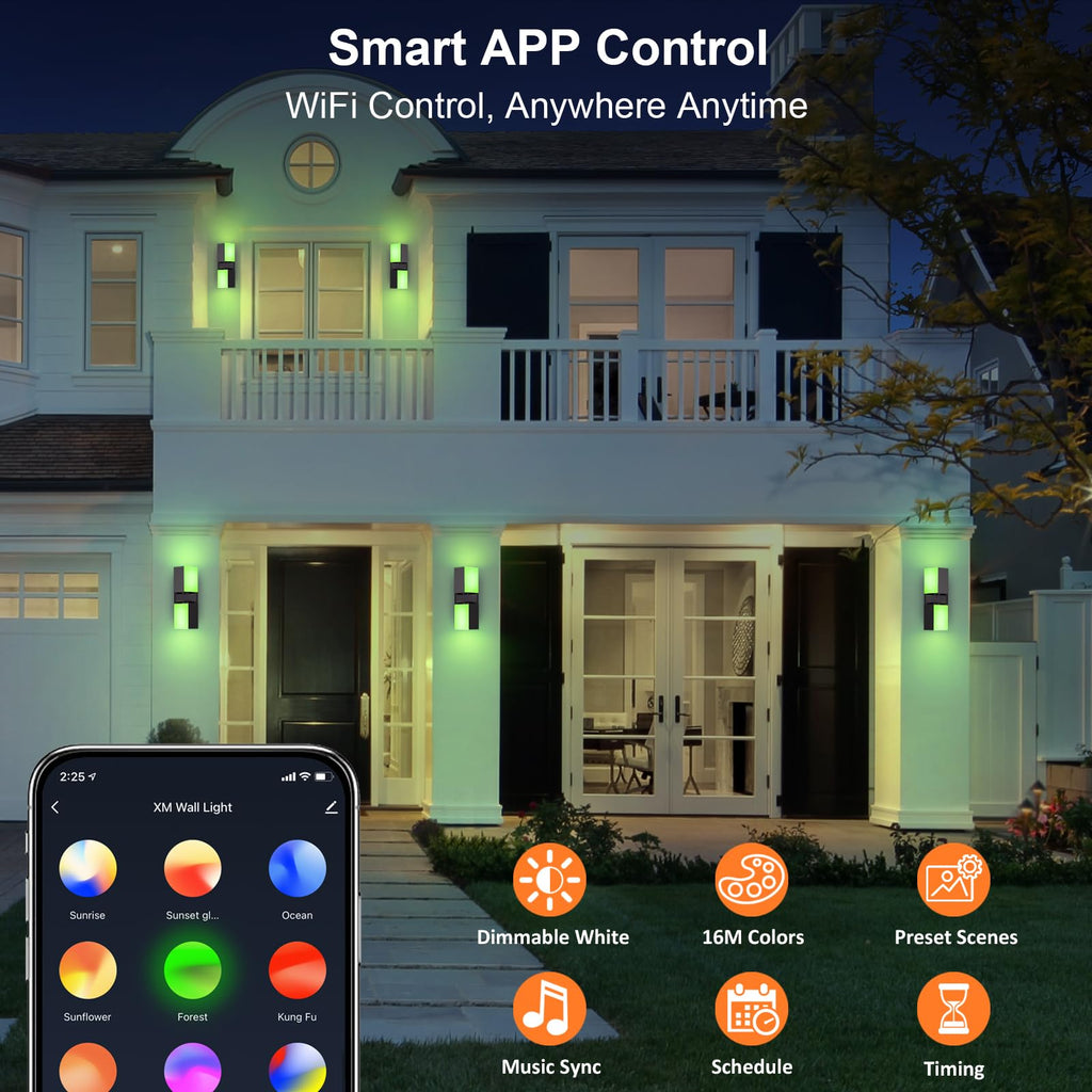 XMCOSY+ Outdoor Wall Lights, 1400LM Smart RGBCW Exterior Lighting Fixtures Adjustable Dual-Head Outdoor Light Fixture, WiFi APP Control, Alexa Compatible, Waterproof Outside Lights for House (2PK)