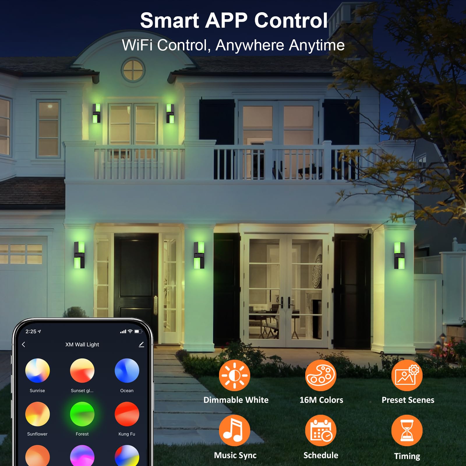 XMCOSY+ Outdoor Wall Lights, 1400LM Smart RGBCW Exterior Lighting Fixtures Adjustable Dual-Head Outdoor Light Fixture, WiFi APP Control, Alexa Compatible, Waterproof Outside Lights for House (2PK)
