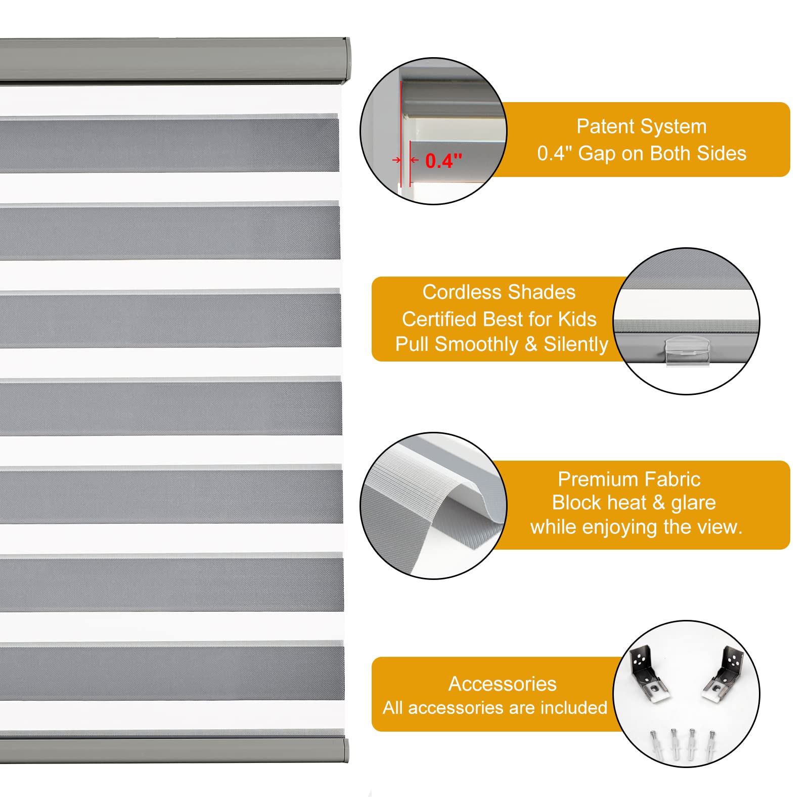 Persilux Cordless Zebra Blinds for Windows Free-Stop Roller Windows Shades (23" W X 64" H, Grey) Dual Layer Light Control for Day and Night, Light Filtering Sheer Shades for Home