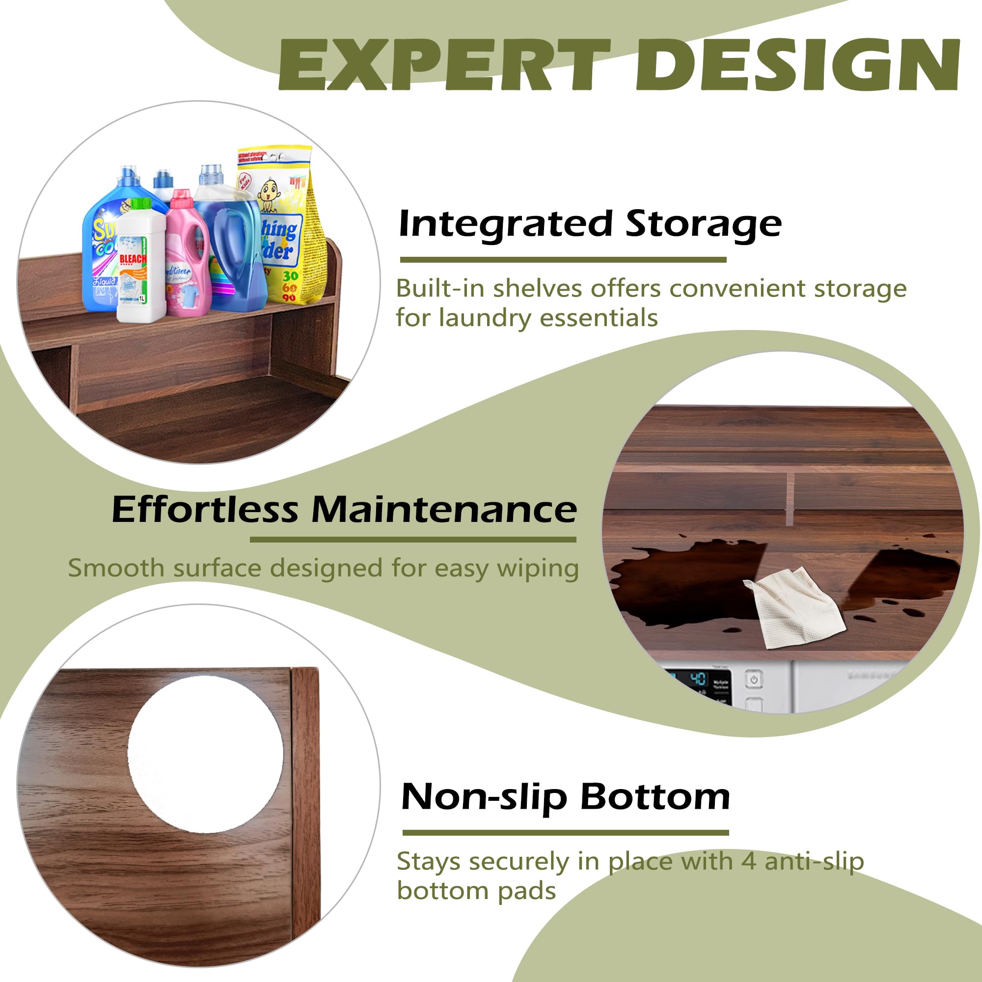 Royxen Laundry Countertop with Storage Universal Fit, Washer and Dryer Countertop with Shelf, Laundry Room Storage, 2-Tier Shelf (Walnut)