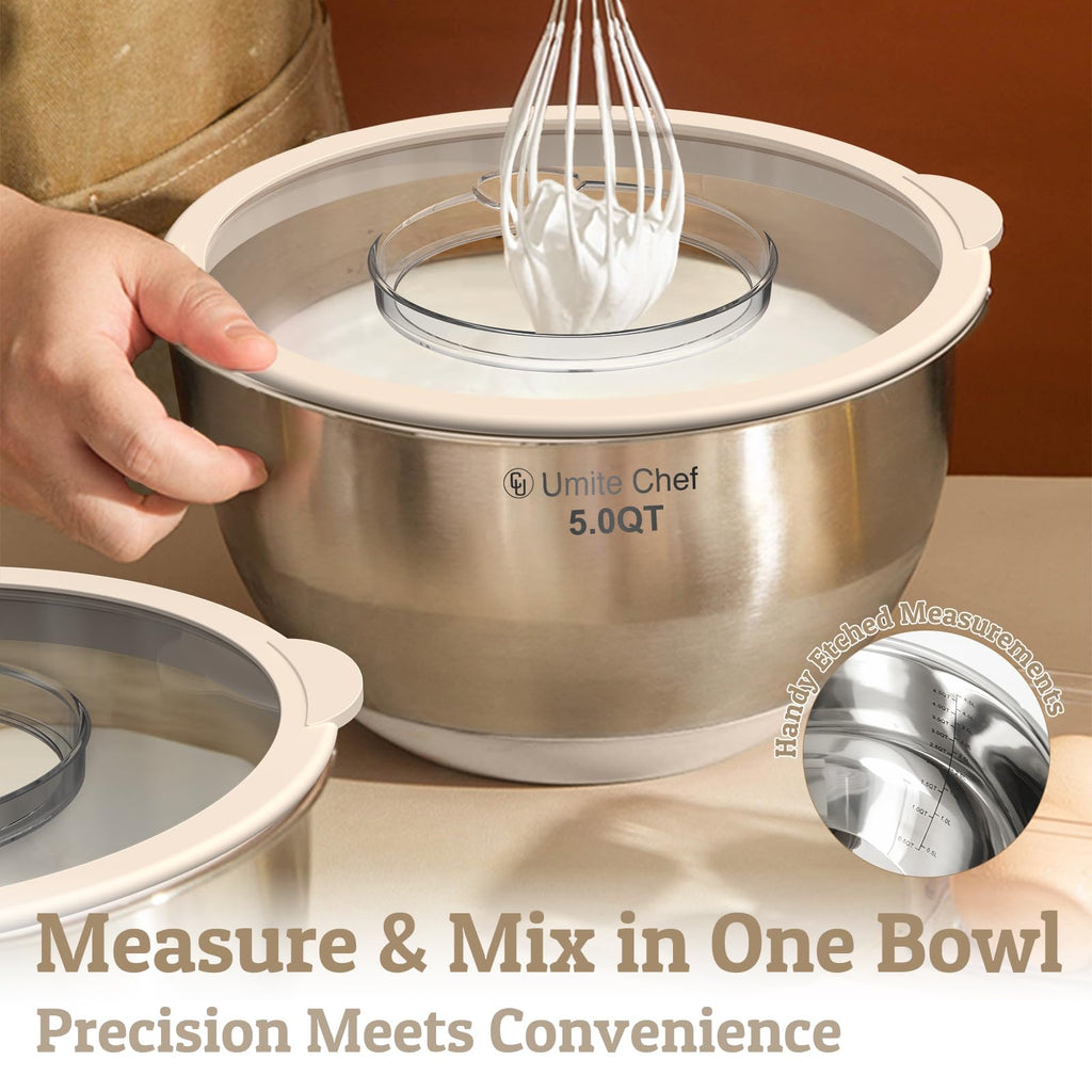 Mixing Bowles Set with Lids Set - Warp-Proof TPR-AS Lids, Stainless Steel Mixing Bowl with 3 Graters & Measuring Lines, Non-Slip Bowls for Baking, Prep, Airtight Food Storage (Khaki 5/3/2/1.5/0.63QT)