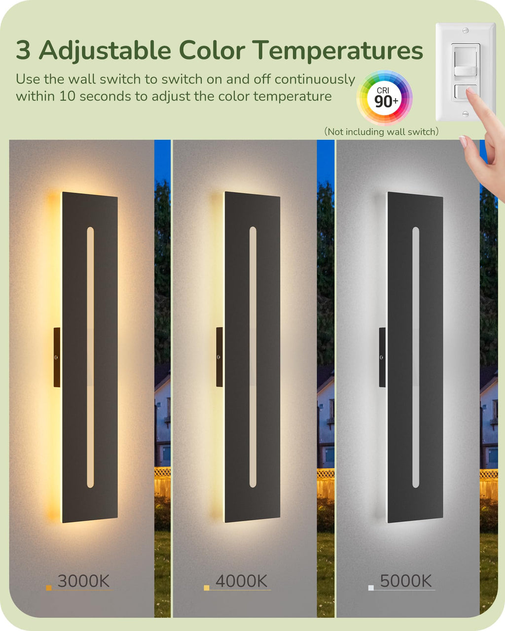 EDISHINE 23.6" Long Modern Outdoor Wall Lights, 2 Pack Rectangular Wall Mount Lighting Fixture, Iron & Acrylic, 3CCT, IP65 Waterproof, Dimmable LED Exterior Wall Sconce for Garage, Patio, Black