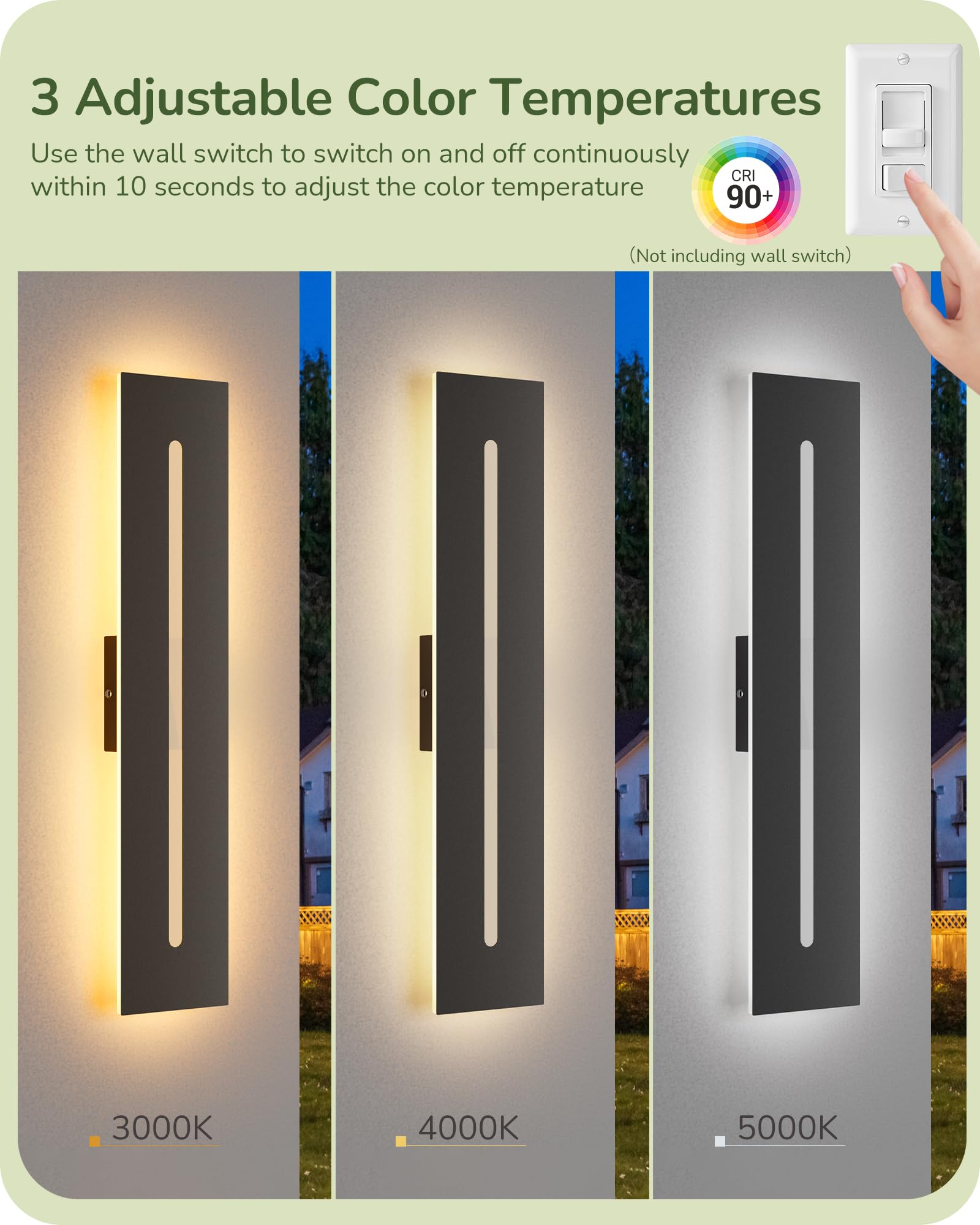 EDISHINE 23.6" Long Modern Outdoor Wall Lights, 2 Pack Rectangular Wall Mount Lighting Fixture, Iron & Acrylic, 3CCT, IP65 Waterproof, Dimmable LED Exterior Wall Sconce for Garage, Patio, Black