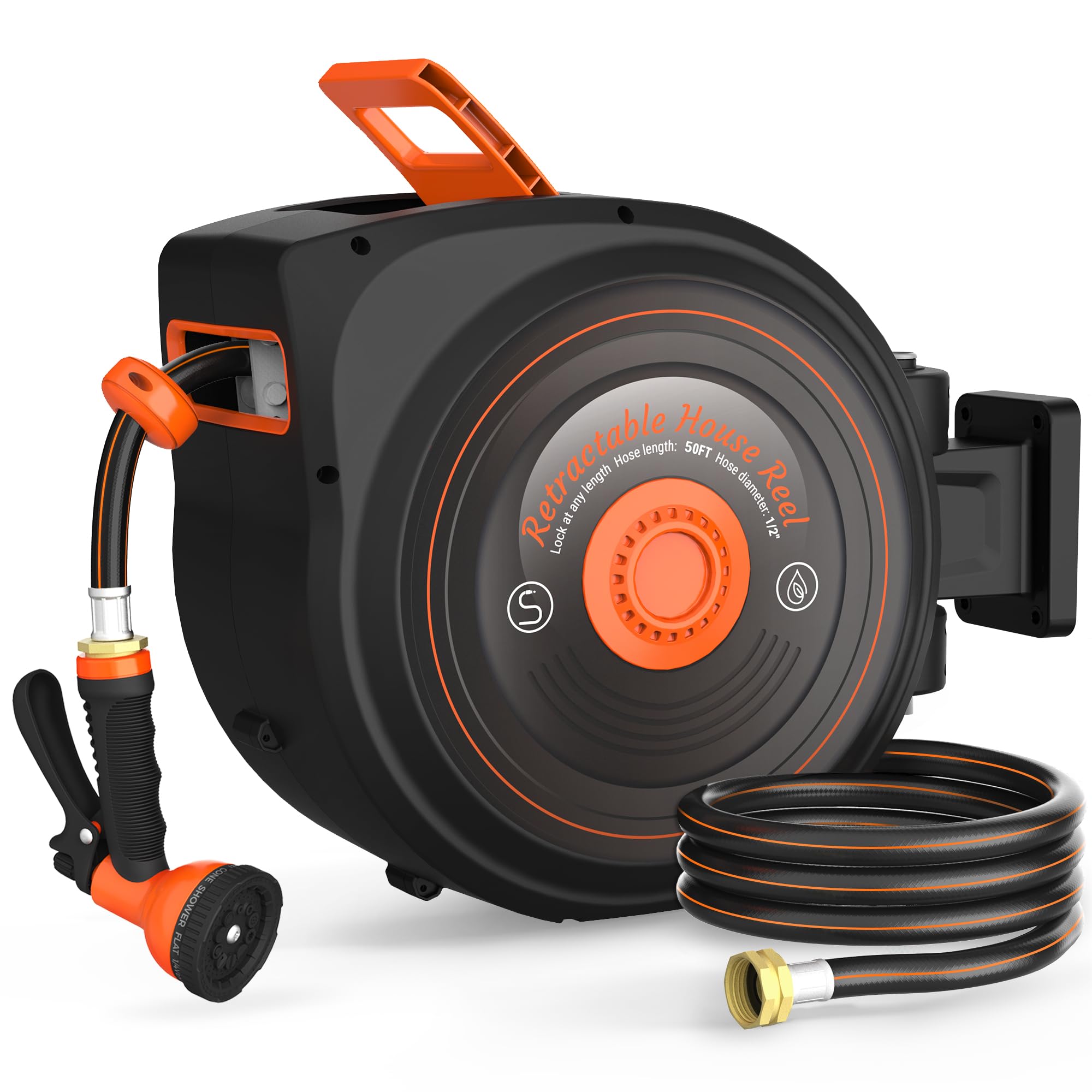 Treillage Tale Retractable Garden Hose Reel 1/2 in x 50 ft, Auto-Rewind & Any Length Lock, 180° Swivel Heavy Duty Hose Reel Wall Mount for Outside, 10 Spray Patterns, UV-Resistant