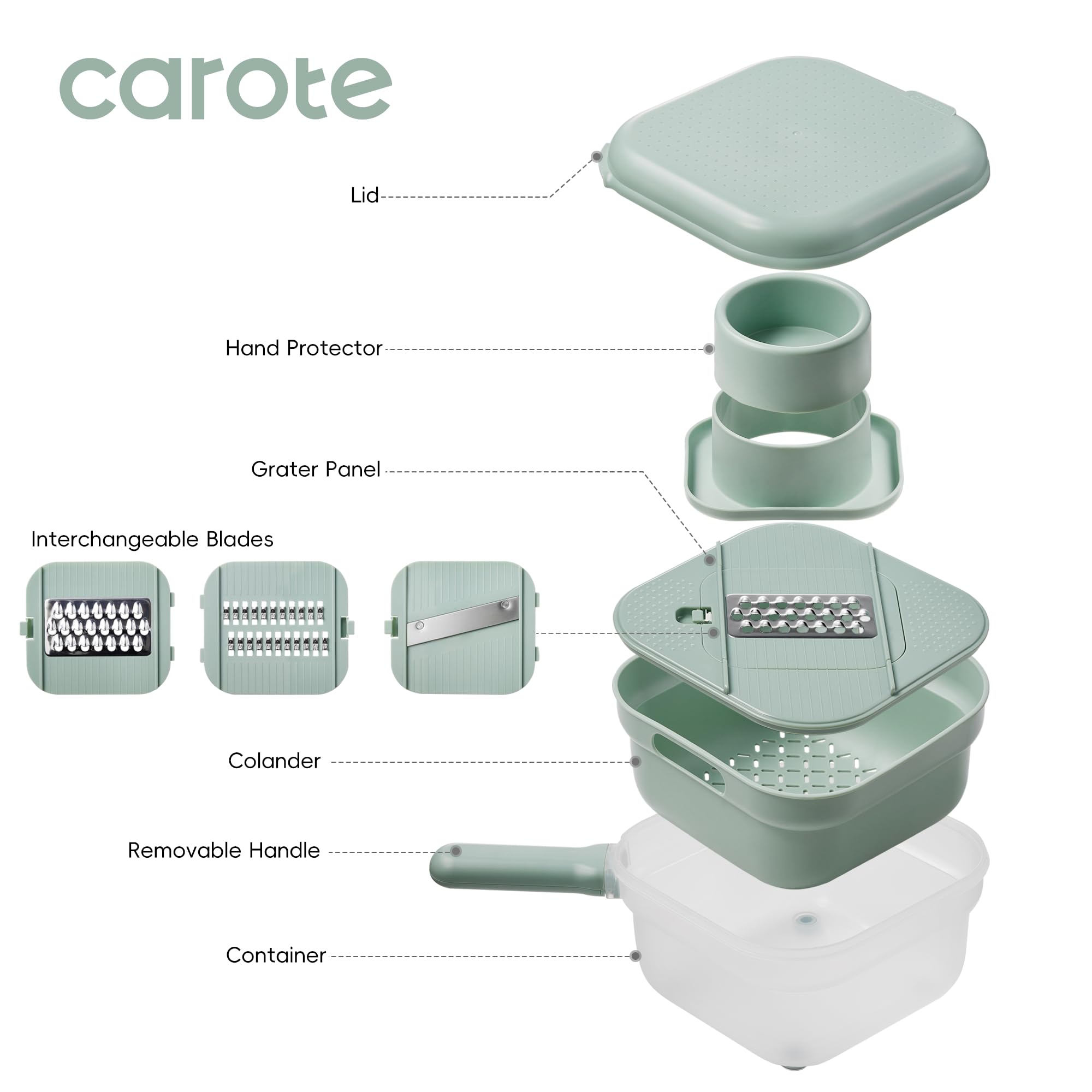 Carote Cheese Grater with Container, Kitchen Vegetable Mandoline Slicer Shredder with Interchangeable Blades, BPA-Free Container with Removable Handle, Grater for Onion, Fruit, Vegetables, Sage Green