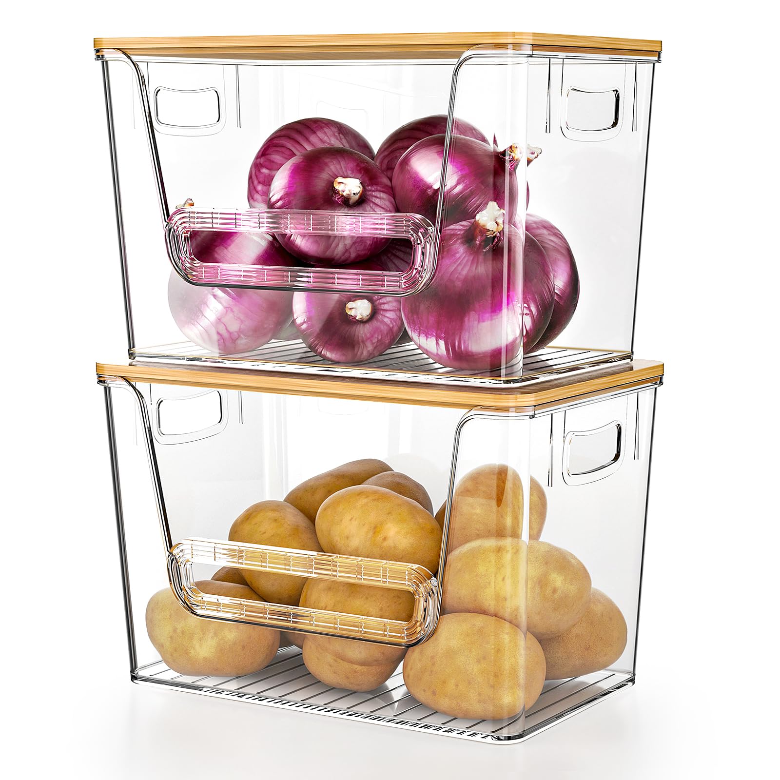 Delamu 2 Set Pantry Organizers and Storage, Trash Bag Dispenser with Bamboo Top, Stackable Trash Bag Holder Under Sink Organizer for 4-30 Gal Bags, Onion, Potato, Fruits, Clear (11-7/32"L*7"W*7-1/8"H)