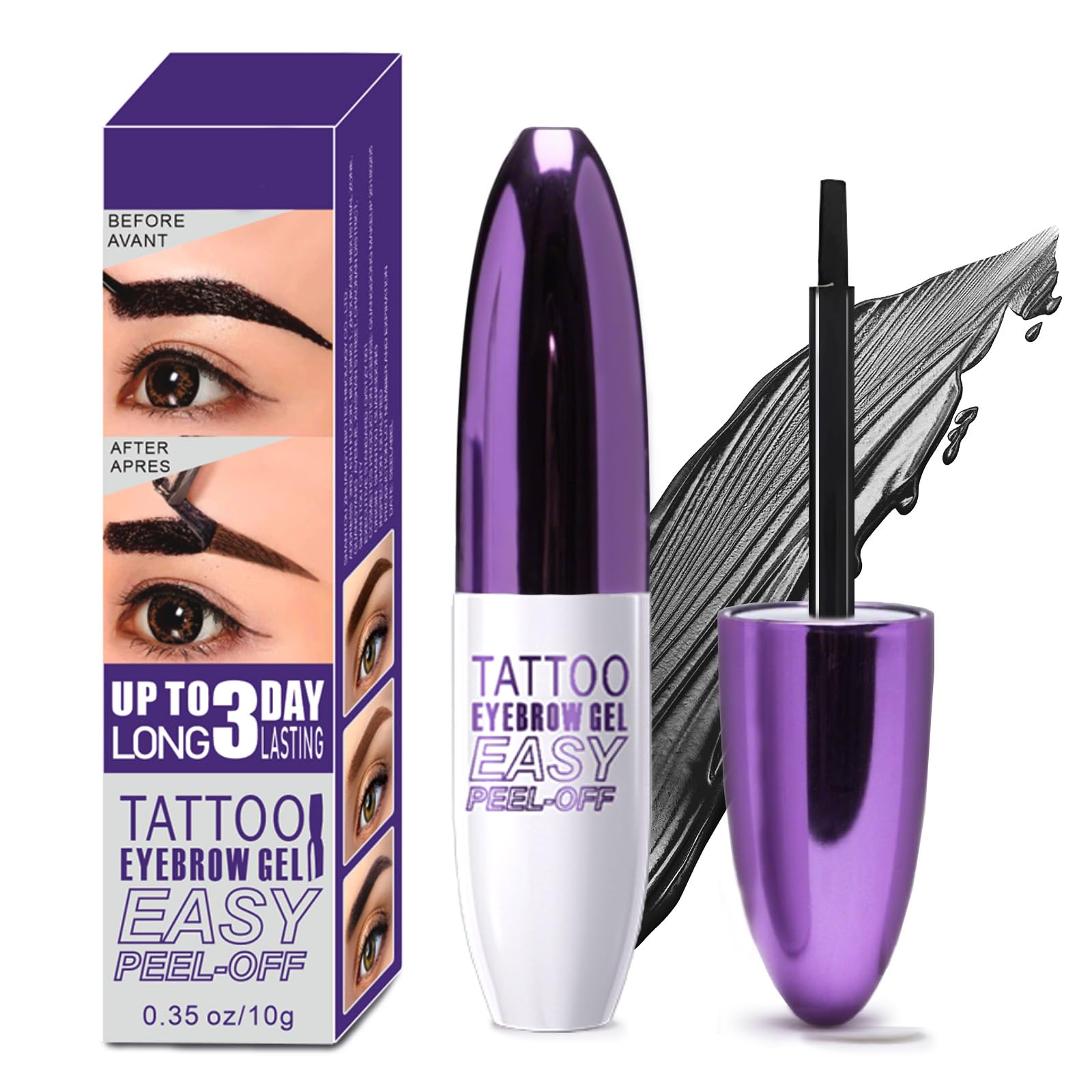 Peel Off Eyebrow Gel, Waterproof Tattoo Eyebrow Gel Easy Peel Off for Women, Last Up to 3 Days Natural Brow Color, Easy Application for All Skin Types -04 Black