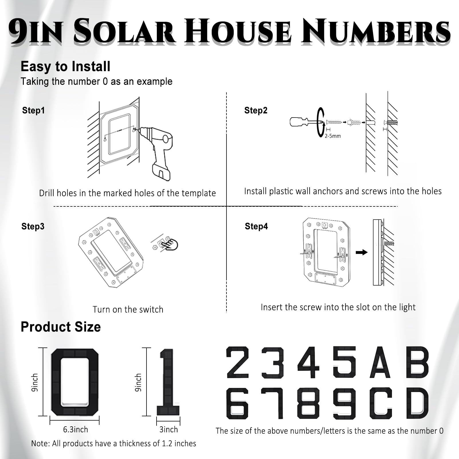 ISUNMEA 9 Inch Solar Lighted House Numbers for Outside, Light Up Waterproof LED Address Numbers Signs for Houses, Large Personalized Illuminated Exterior Modern House Numbers Light (1-Black, 9IN)