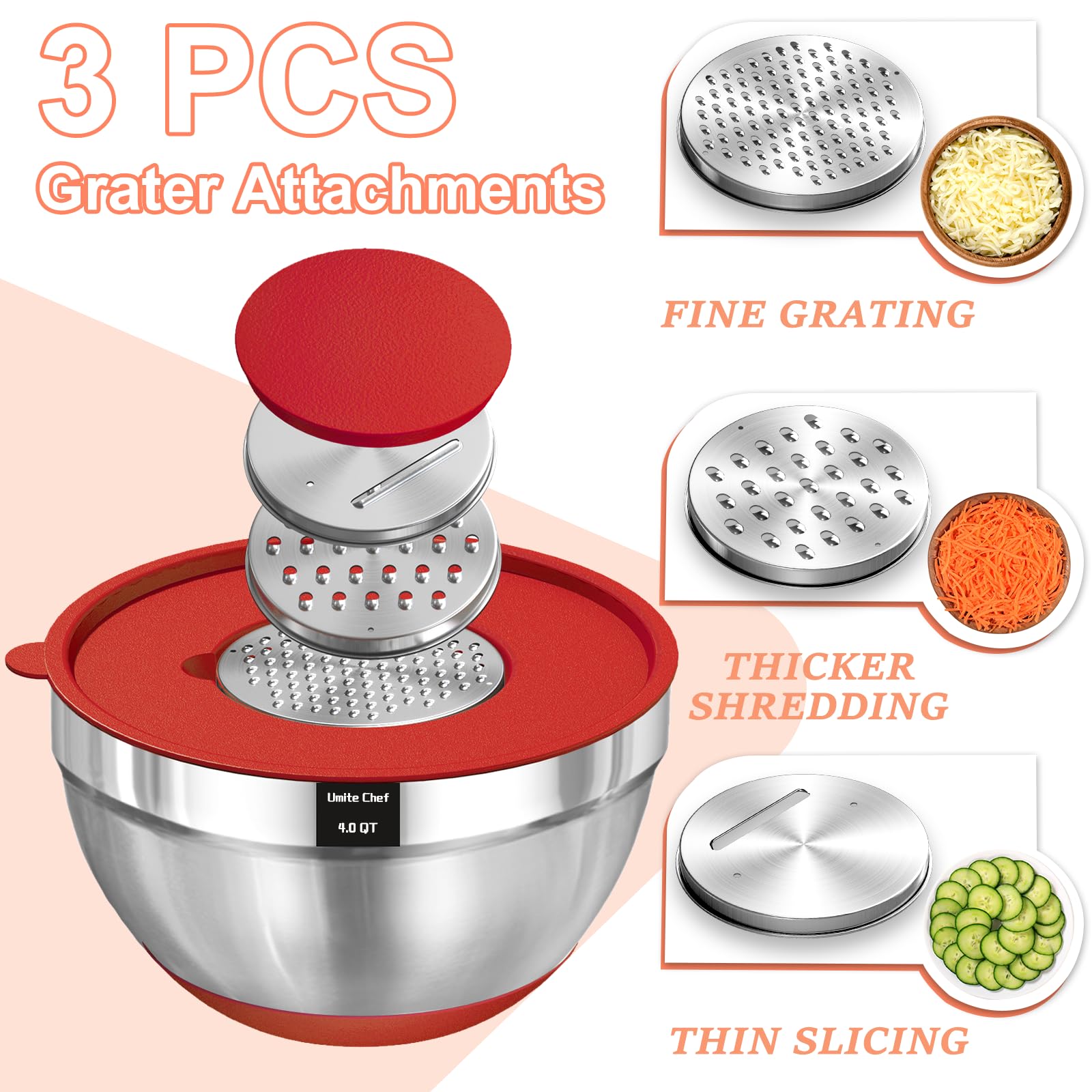 Umite Chef Mixing Bowls with Airtight Lids Set, 8PCS Stainless Steel Nesting Bowls Set, 3 Grater Attachments & Non-Slip Bottoms, Size 5, 4, 3.5, 2, 1.5QT for Baking & Mixing(Colorful)