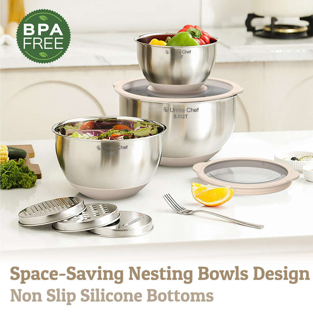 Mixing Bowles Set with Lids Set - Warp-Proof TPR-AS Lids, Stainless Steel Mixing Bowl with 3 Graters & Measuring Lines, Non-Slip Bowls for Baking, Prep, Airtight Food Storage (Khaki 5/3/2/1.5/0.63QT)