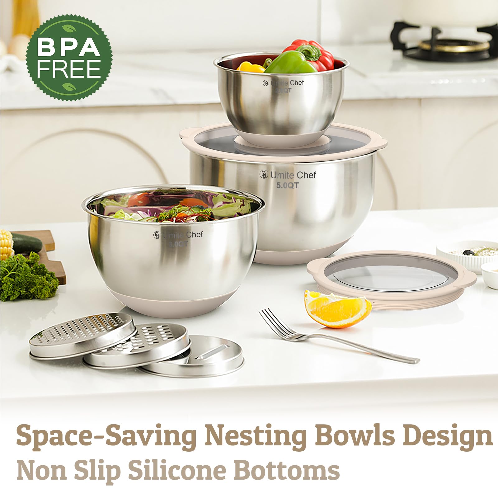 Mixing Bowles Set with Lids Set - Warp-Proof TPR-AS Lids, Stainless Steel Mixing Bowl with 3 Graters & Measuring Lines, Non-Slip Bowls for Baking, Prep, Airtight Food Storage (Khaki 5/3/2/1.5/0.63QT)