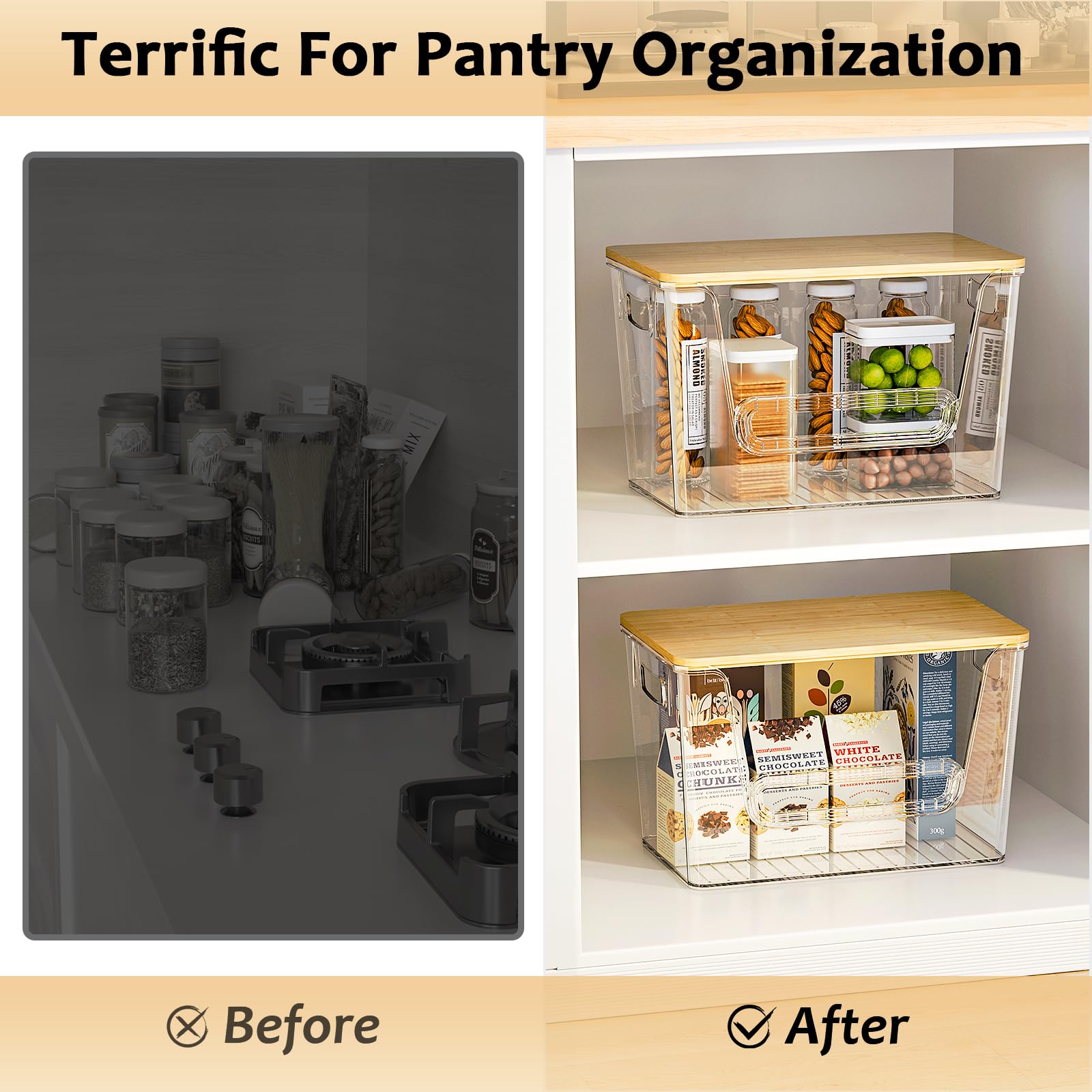 Delamu 2 Set Pantry Organizers and Storage, Trash Bag Dispenser with Bamboo Top, Stackable Trash Bag Holder Under Sink Organizer for 4-30 Gal Bags, Onion, Potato, Fruits, Clear (11-7/32"L*7"W*7-1/8"H)