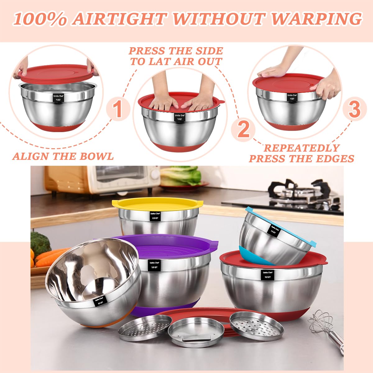 Umite Chef Mixing Bowls with Airtight Lids Set, 8PCS Stainless Steel Nesting Bowls Set, 3 Grater Attachments & Non-Slip Bottoms, Size 5, 4, 3.5, 2, 1.5QT for Baking & Mixing(Colorful)