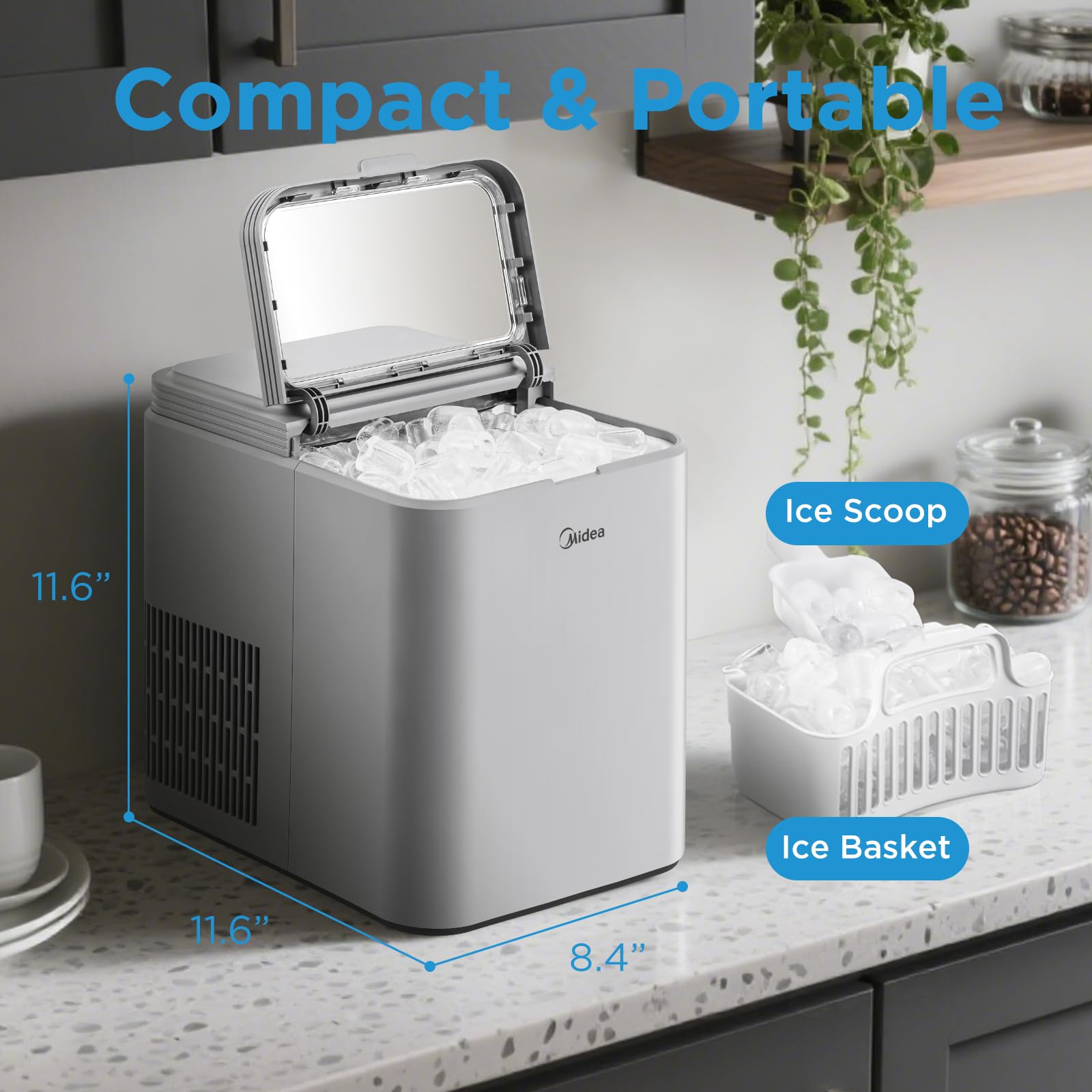 Midea MERI26B1AGY Ice Maker Countertop, 26lbs Portable Ice Maker, 8 Cubes Ready in 6 Mins, Self-Cleaning with Ice Basket and Scoop, 2 Sizes of Bullet Ice for Home, Camping, Office, Party