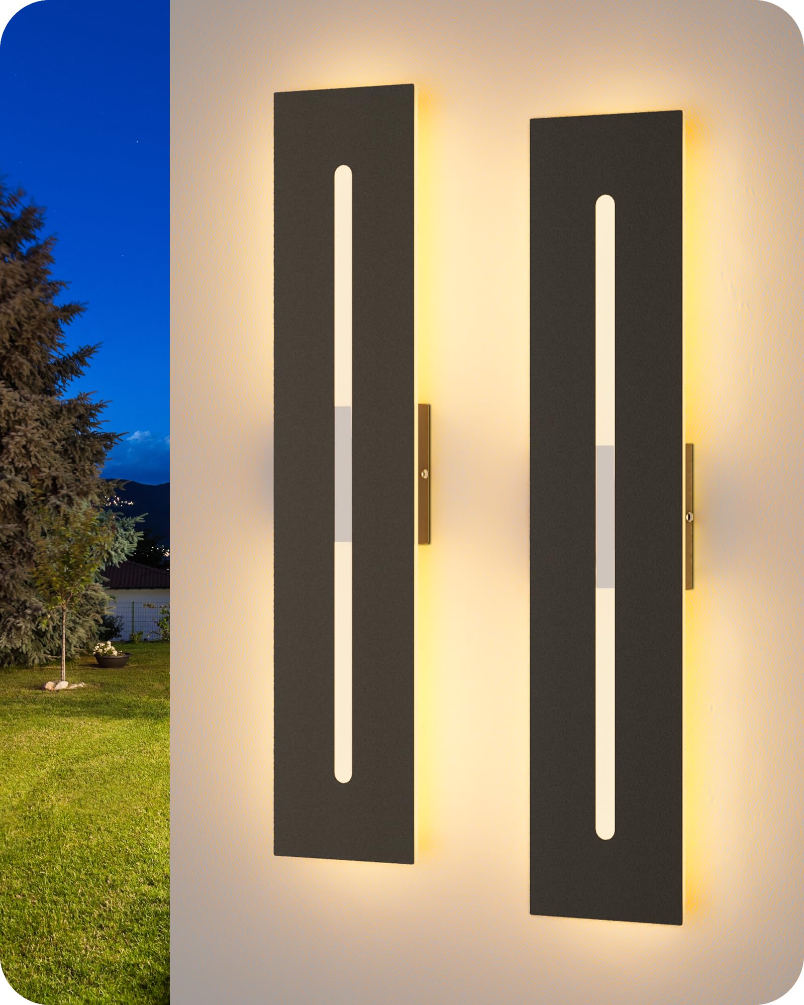 EDISHINE 23.6" Long Modern Outdoor Wall Lights, 2 Pack Rectangular Wall Mount Lighting Fixture, Iron & Acrylic, 3CCT, IP65 Waterproof, Dimmable LED Exterior Wall Sconce for Garage, Patio, Black