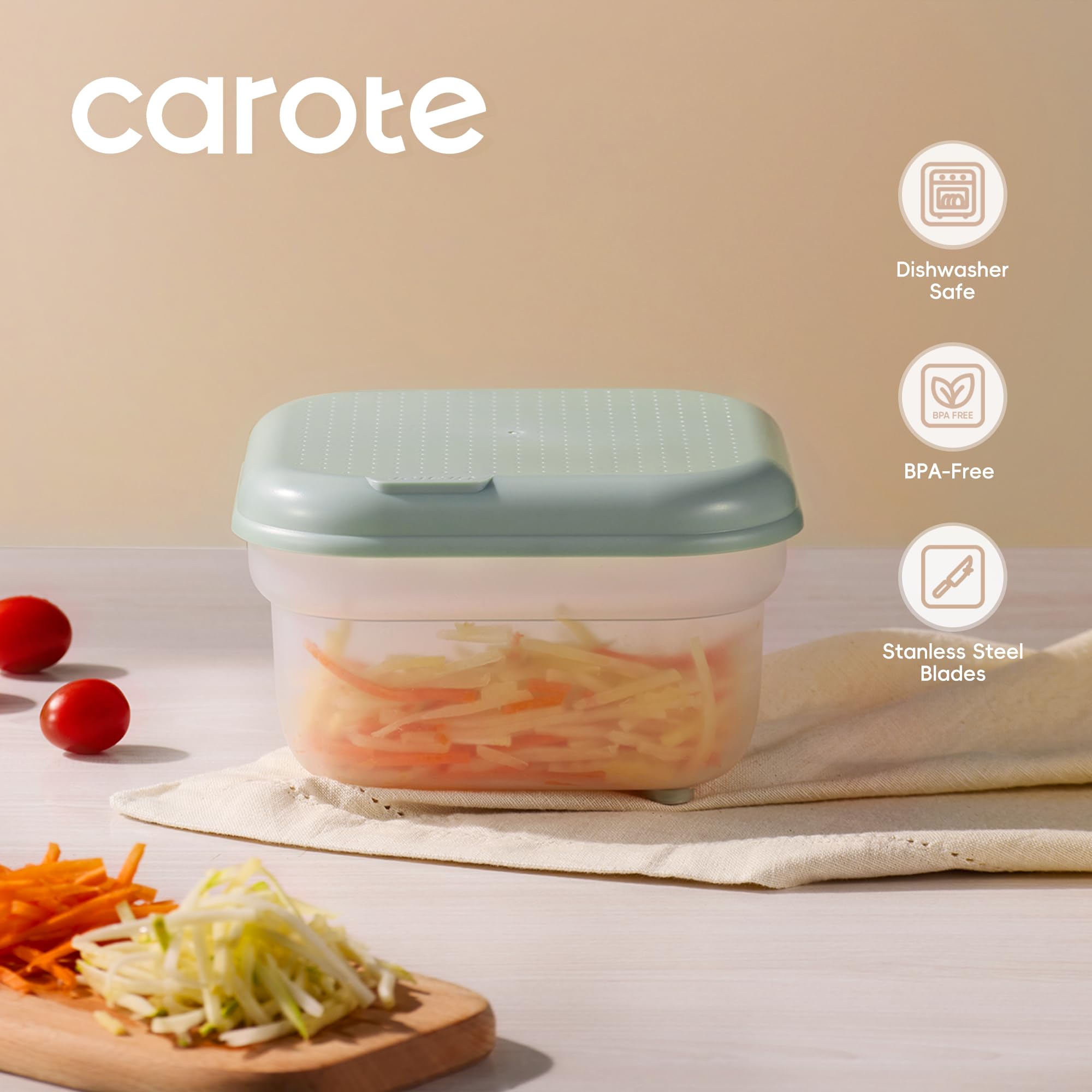 Carote Cheese Grater with Container, Kitchen Vegetable Mandoline Slicer Shredder with Interchangeable Blades, BPA-Free Container with Removable Handle, Grater for Onion, Fruit, Vegetables, Sage Green