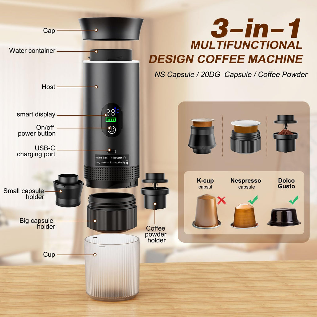 Zordin Portable Espresso Machine for Hiking Smart Display, 20 bar Mini Travel Coffee maker, Expresso Coffee Machines with USB-C,3-in-1 Car Coffee Maker Self-Heating, Ground Coffee & Capsule(Ns&DG)