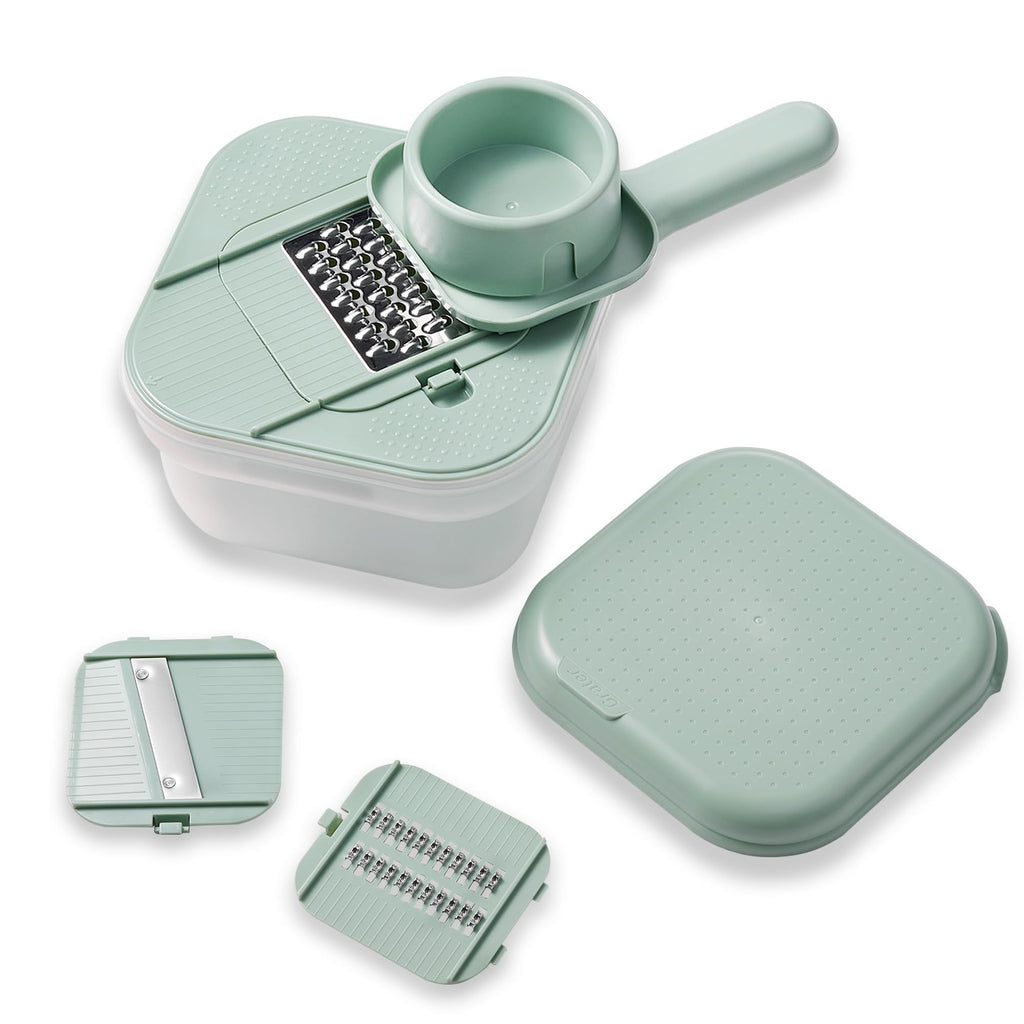 Carote Cheese Grater with Container, Kitchen Vegetable Mandoline Slicer Shredder with Interchangeable Blades, BPA-Free Container with Removable Handle, Grater for Onion, Fruit, Vegetables, Sage Green