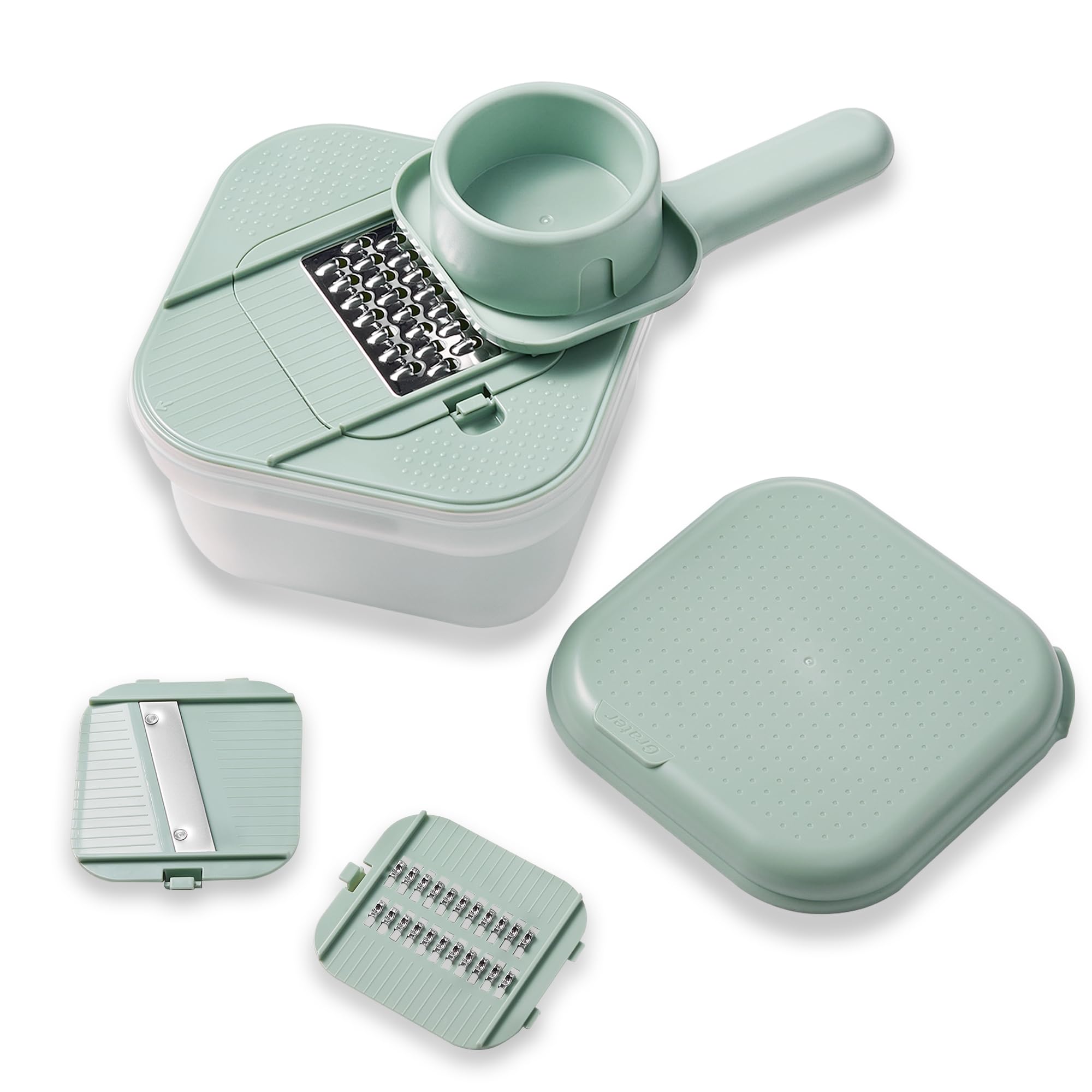 Carote Cheese Grater with Container, Kitchen Vegetable Mandoline Slicer Shredder with Interchangeable Blades, BPA-Free Container with Removable Handle, Grater for Onion, Fruit, Vegetables, Sage Green