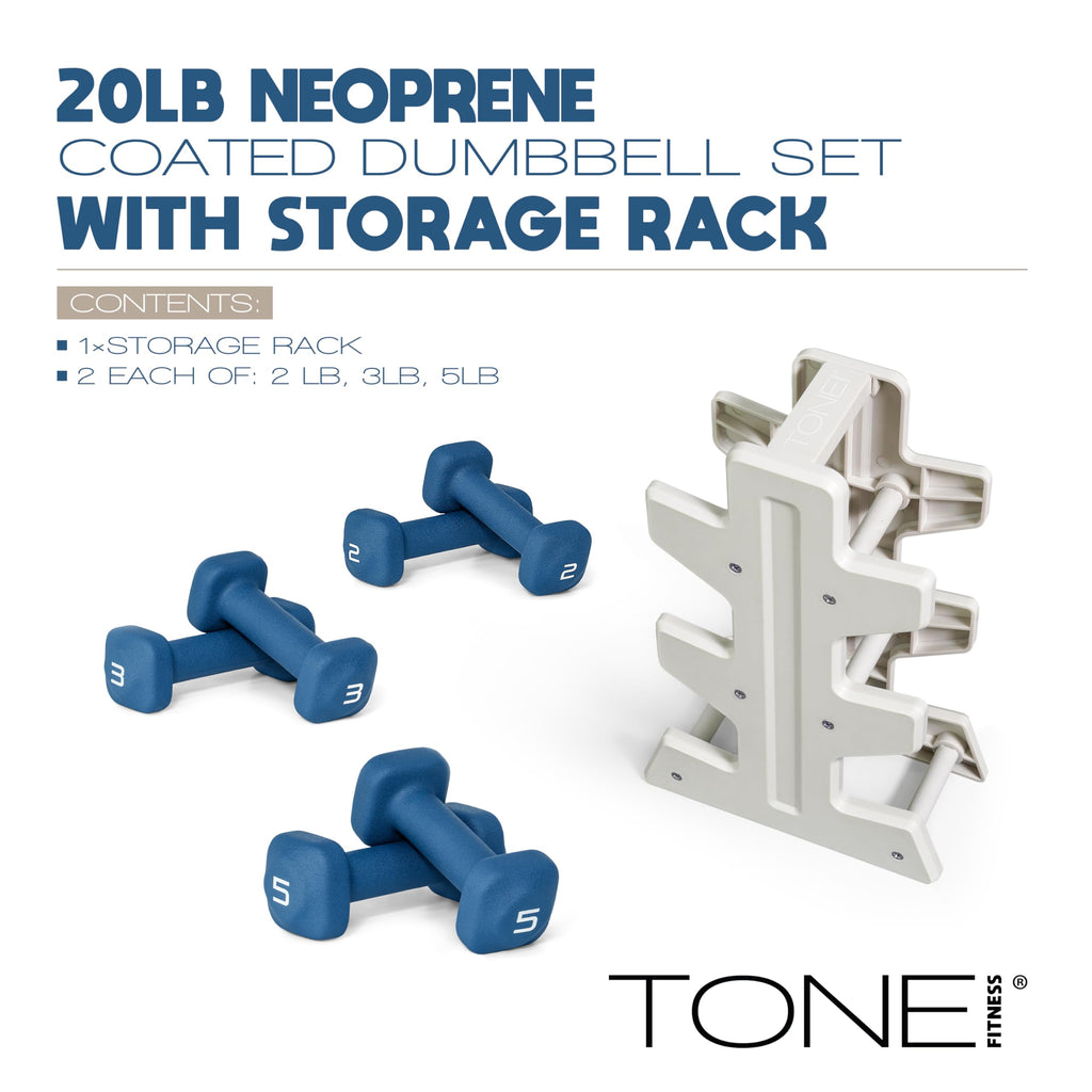 Tone Fitness 20 LB Neoprene Dumbbell Set with Storage Rack – Non-Slip, Anti-Roll Hand Weights for Home Gym Workouts - Blue