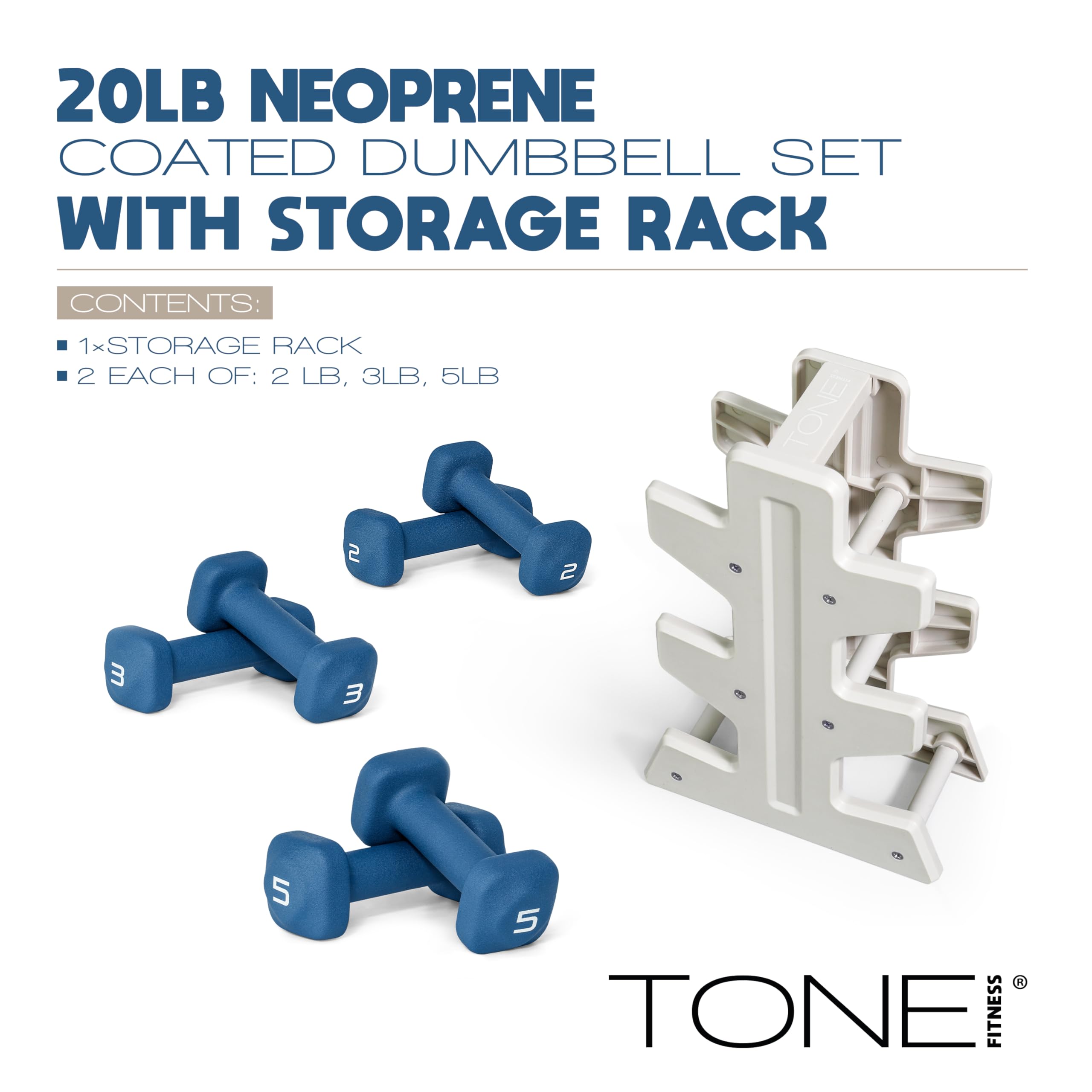 Tone Fitness 20 LB Neoprene Dumbbell Set with Storage Rack – Non-Slip, Anti-Roll Hand Weights for Home Gym Workouts - Blue