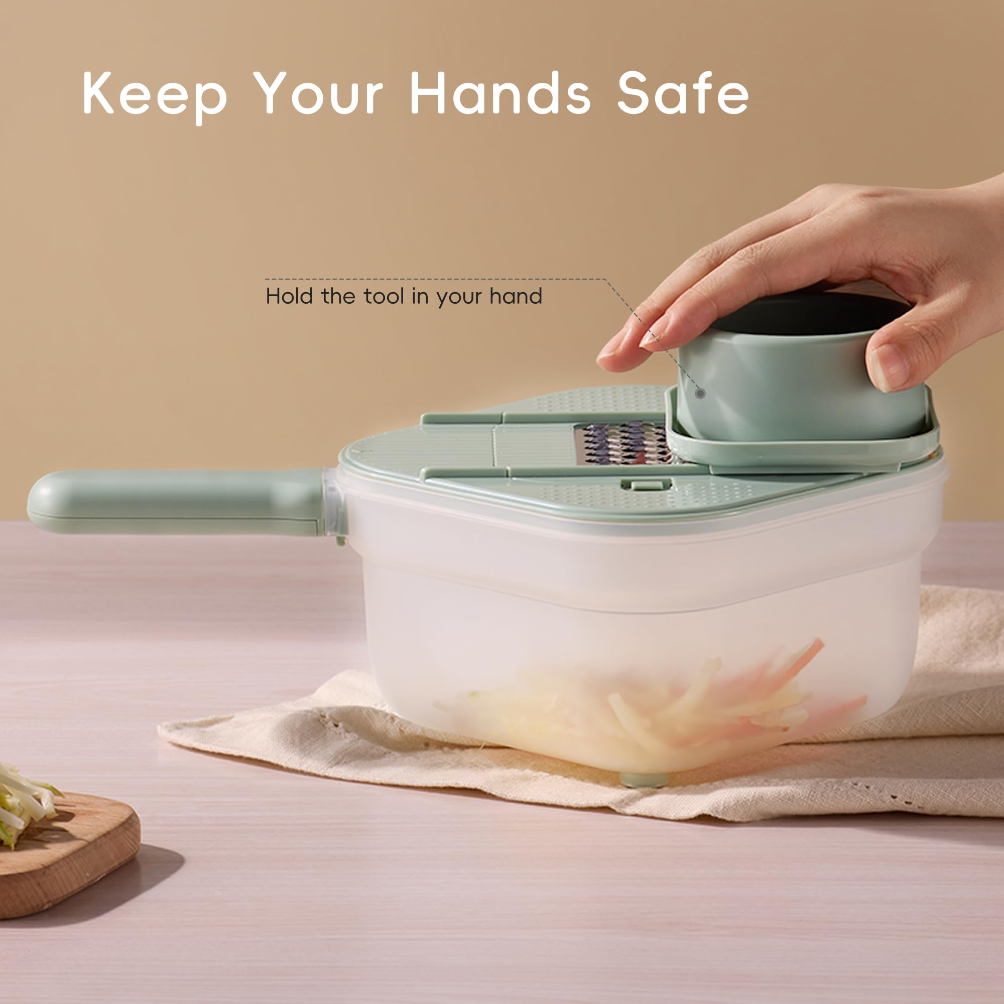 Carote Cheese Grater with Container, Kitchen Vegetable Mandoline Slicer Shredder with Interchangeable Blades, BPA-Free Container with Removable Handle, Grater for Onion, Fruit, Vegetables, Sage Green