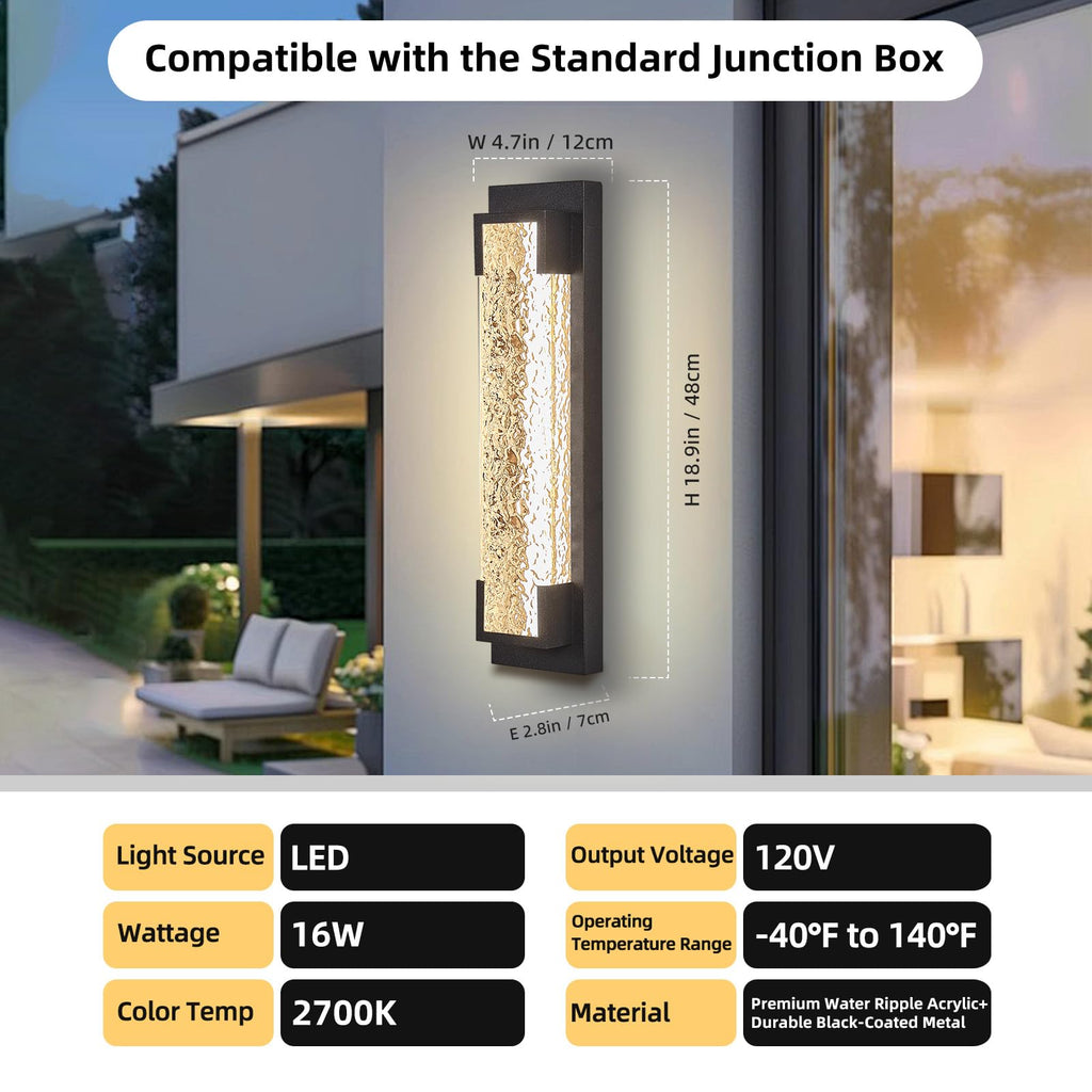 Hyunbae Outdoor Wall Light, 18.9" Large LED Modern Outdoor Wall Sconce, Waterproof Exterior Lighting Fixture with Acrylic Water Ripple Lamp 2700K Outdoor Porch Lights for House, Garage Dimmable