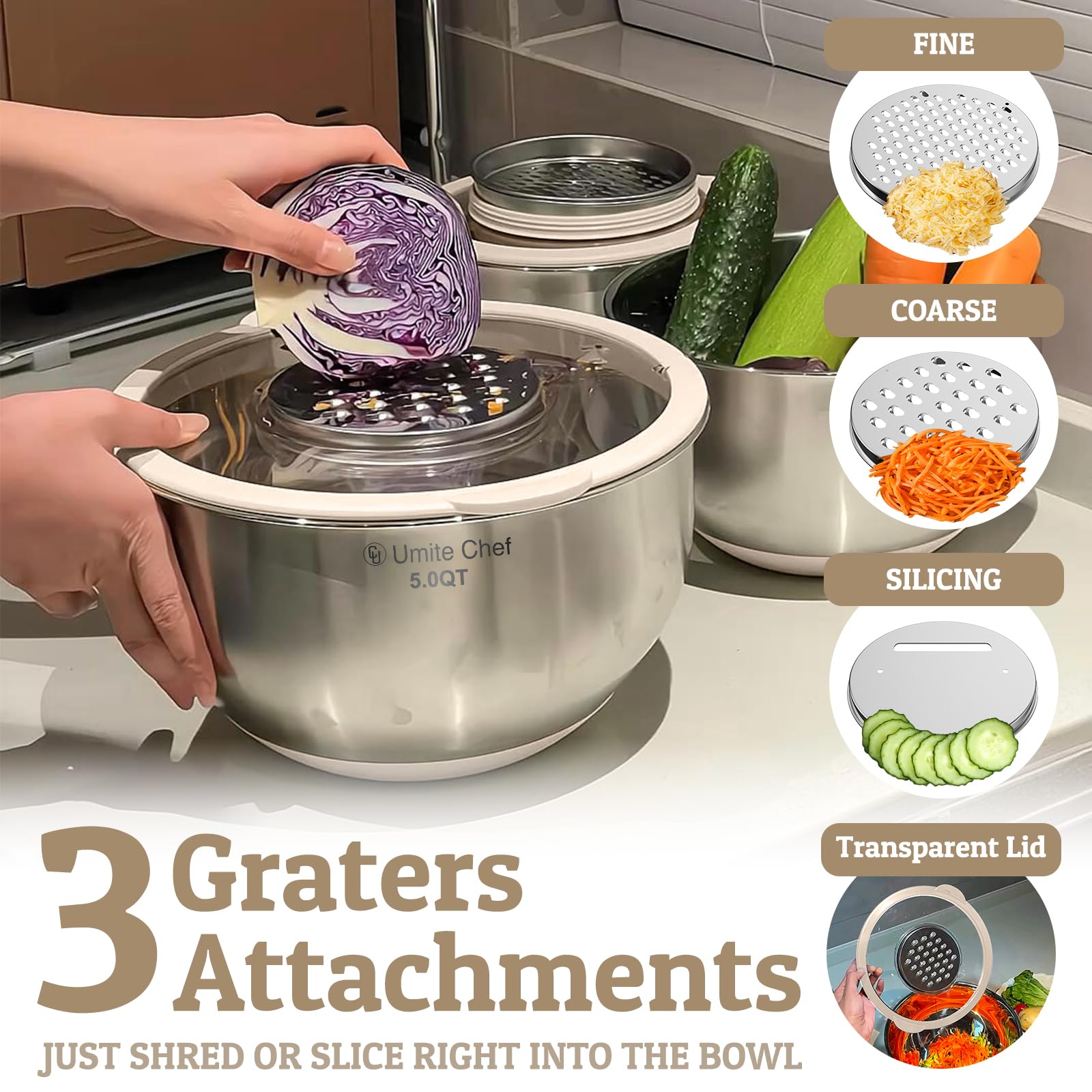 Mixing Bowles Set with Lids Set - Warp-Proof TPR-AS Lids, Stainless Steel Mixing Bowl with 3 Graters & Measuring Lines, Non-Slip Bowls for Baking, Prep, Airtight Food Storage (Khaki 5/3/2/1.5/0.63QT)